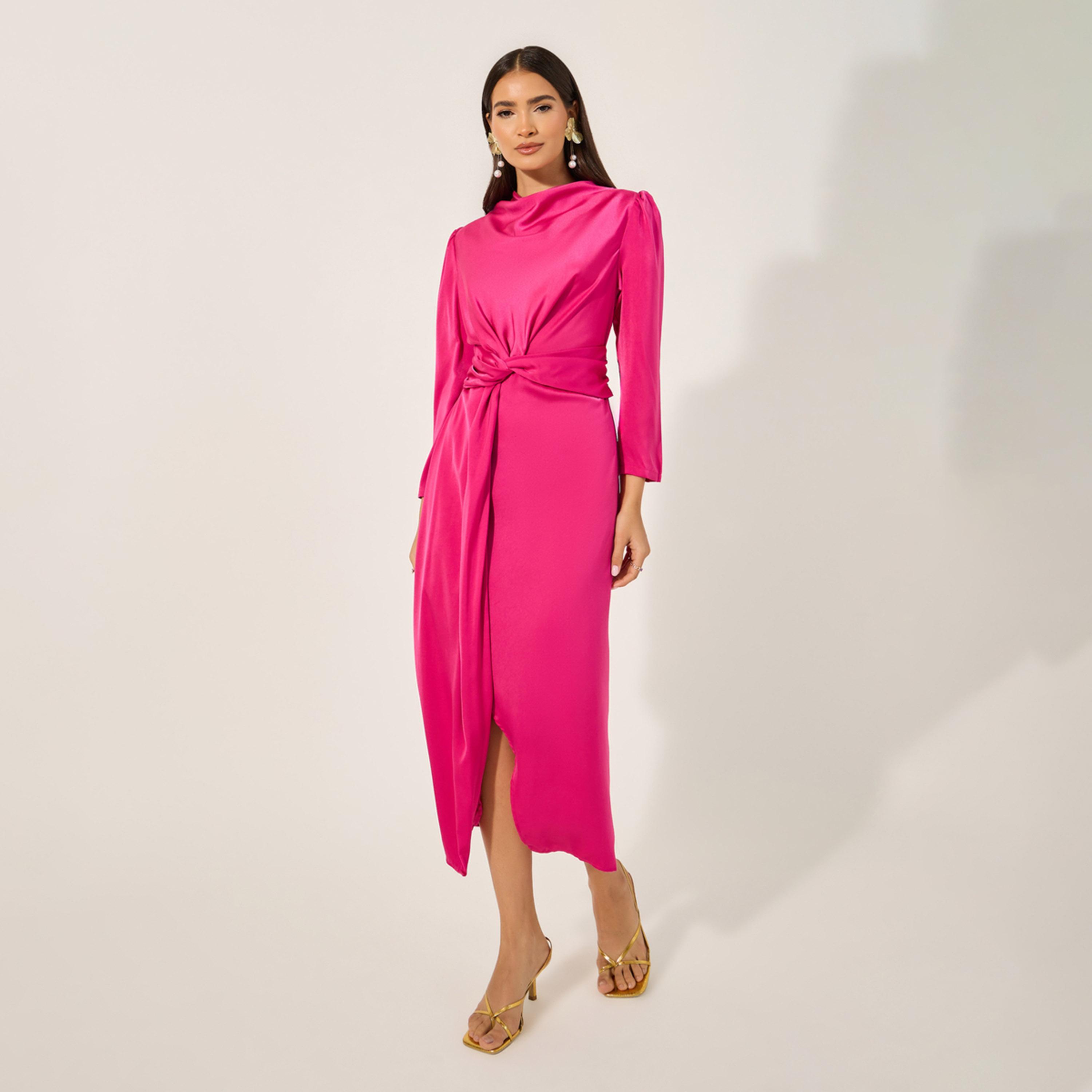 Styli Front Slit Detail Tie-Up Detail Sheath Midi Dress-women-clothing-dresses-image-2