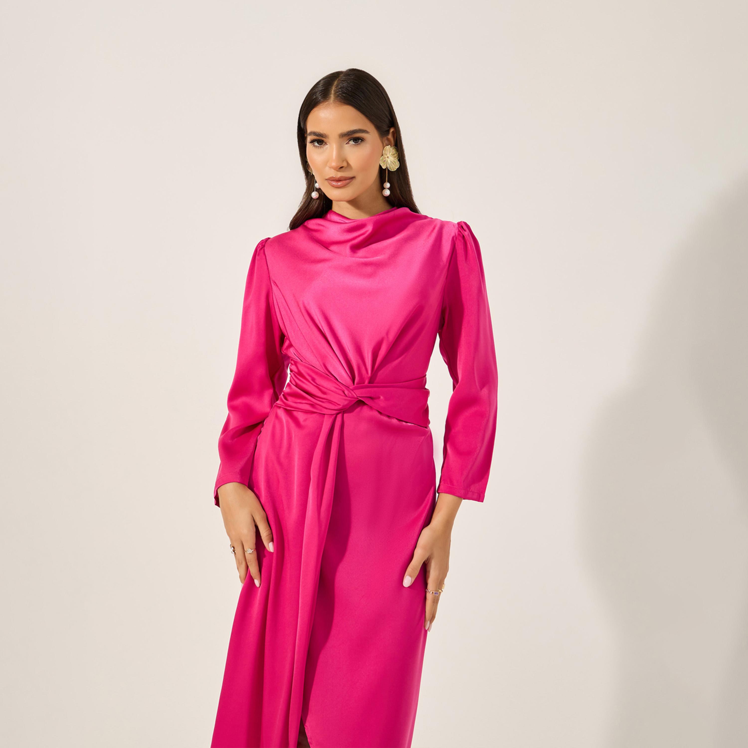 Styli Front Slit Detail Tie-Up Detail Sheath Midi Dress-women-clothing-dresses-image-3