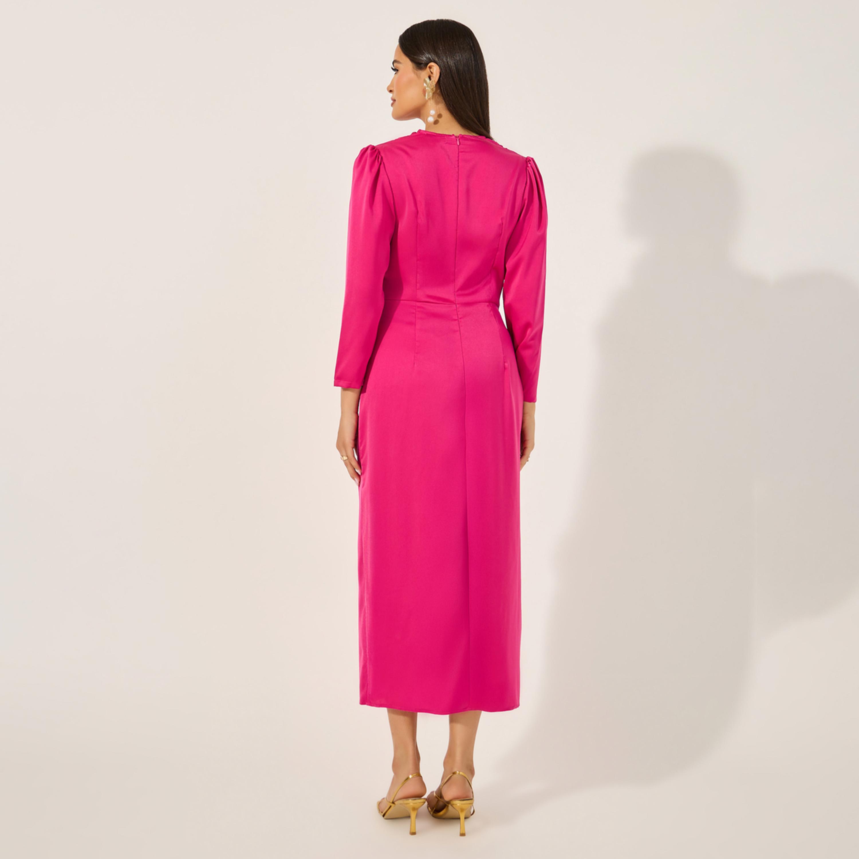 ستايلي - فستان ميدي ضيق بتفاصيل فتحة أمامية وتفاصيل رباط-women-clothing-dresses-image-5