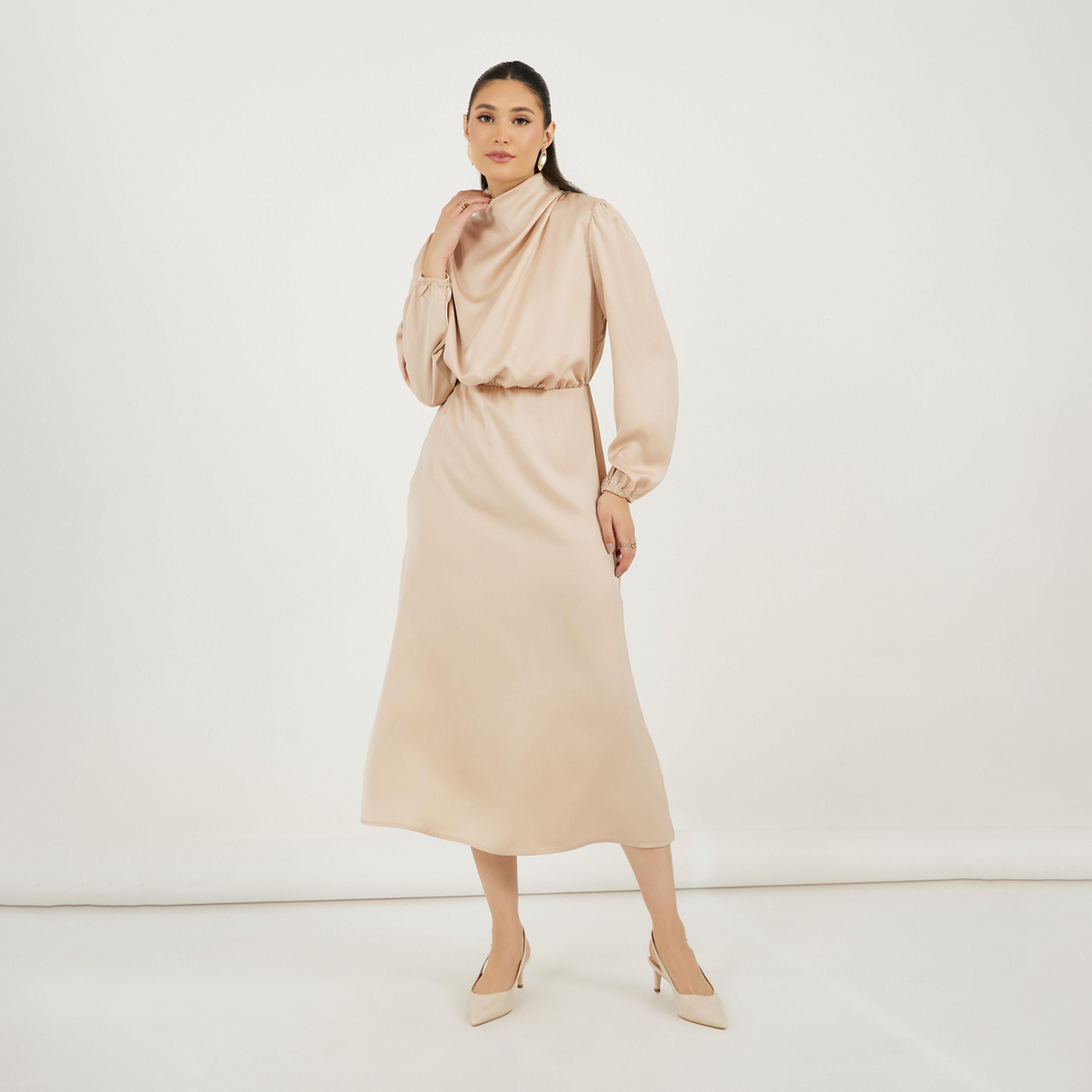 Styli Satin Look Draped Cowl Neck Sheath Midi Dress-women-clothing-dresses-image-1