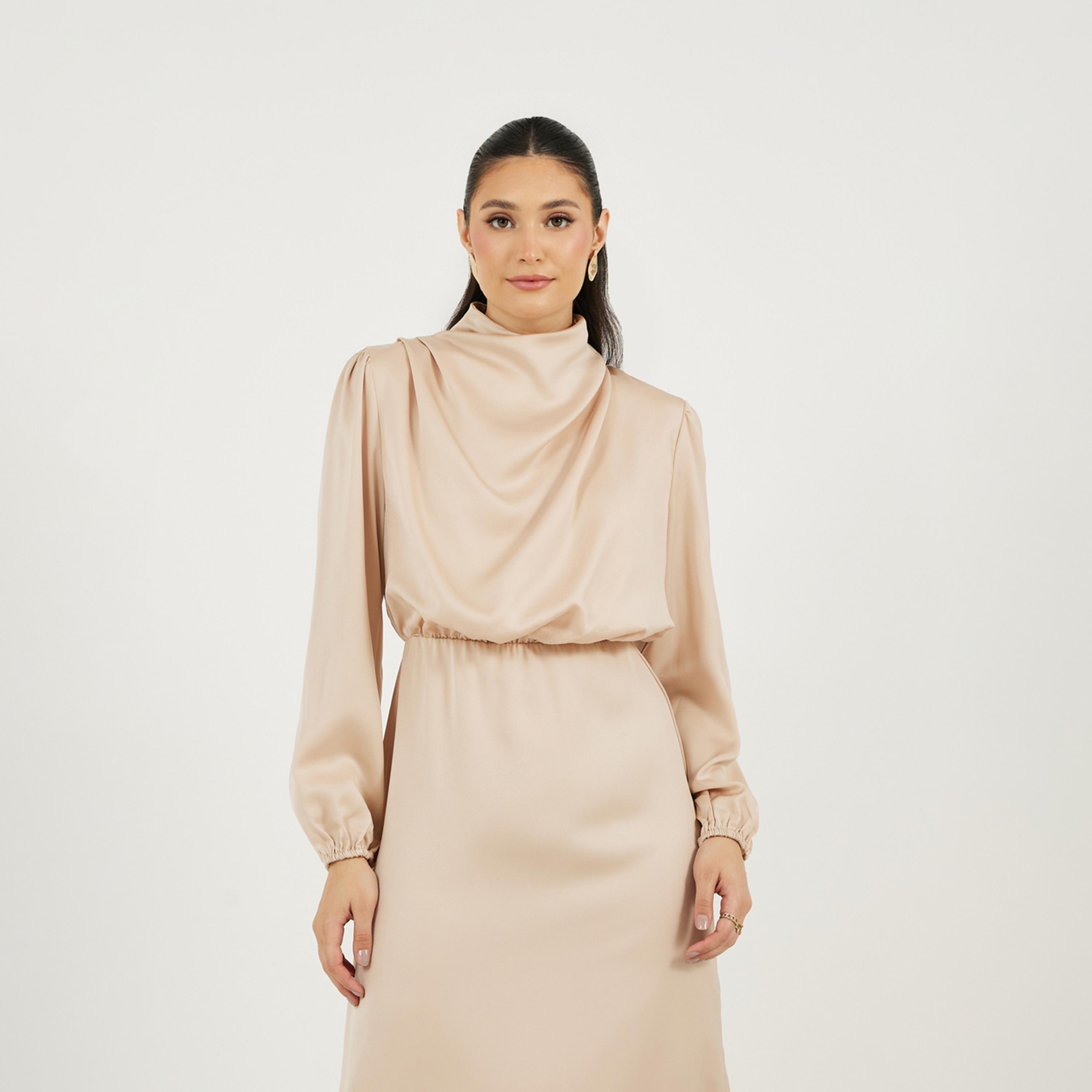 ستايلي - فستان متوسط الطول بتصميم ساتان مع رقبة متدلية-women-clothing-dresses-image-2
