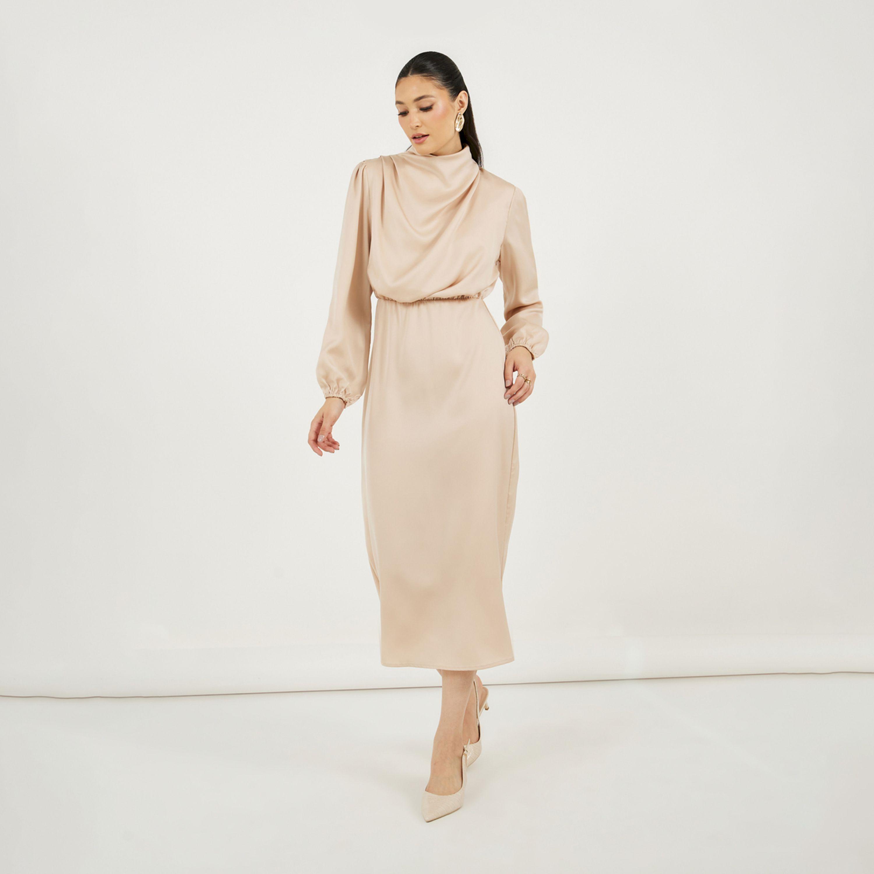 ستايلي - فستان متوسط الطول بتصميم ساتان مع رقبة متدلية-women-clothing-dresses-image-4