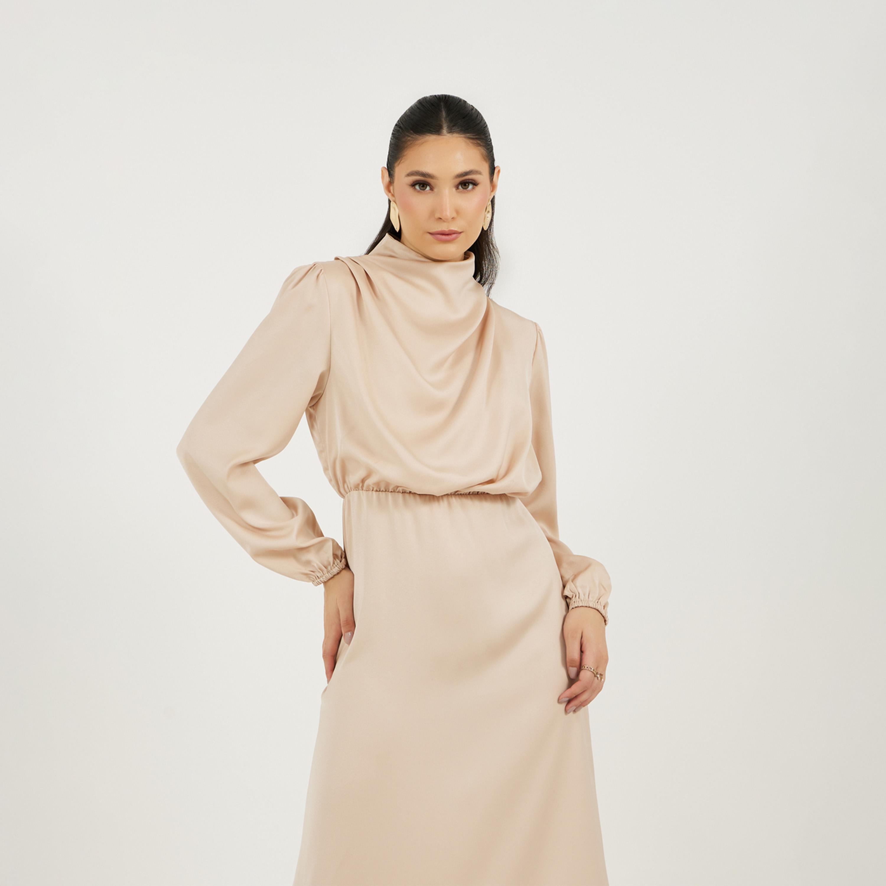 Styli Satin Look Draped Cowl Neck Sheath Midi Dress-women-clothing-dresses-image-5