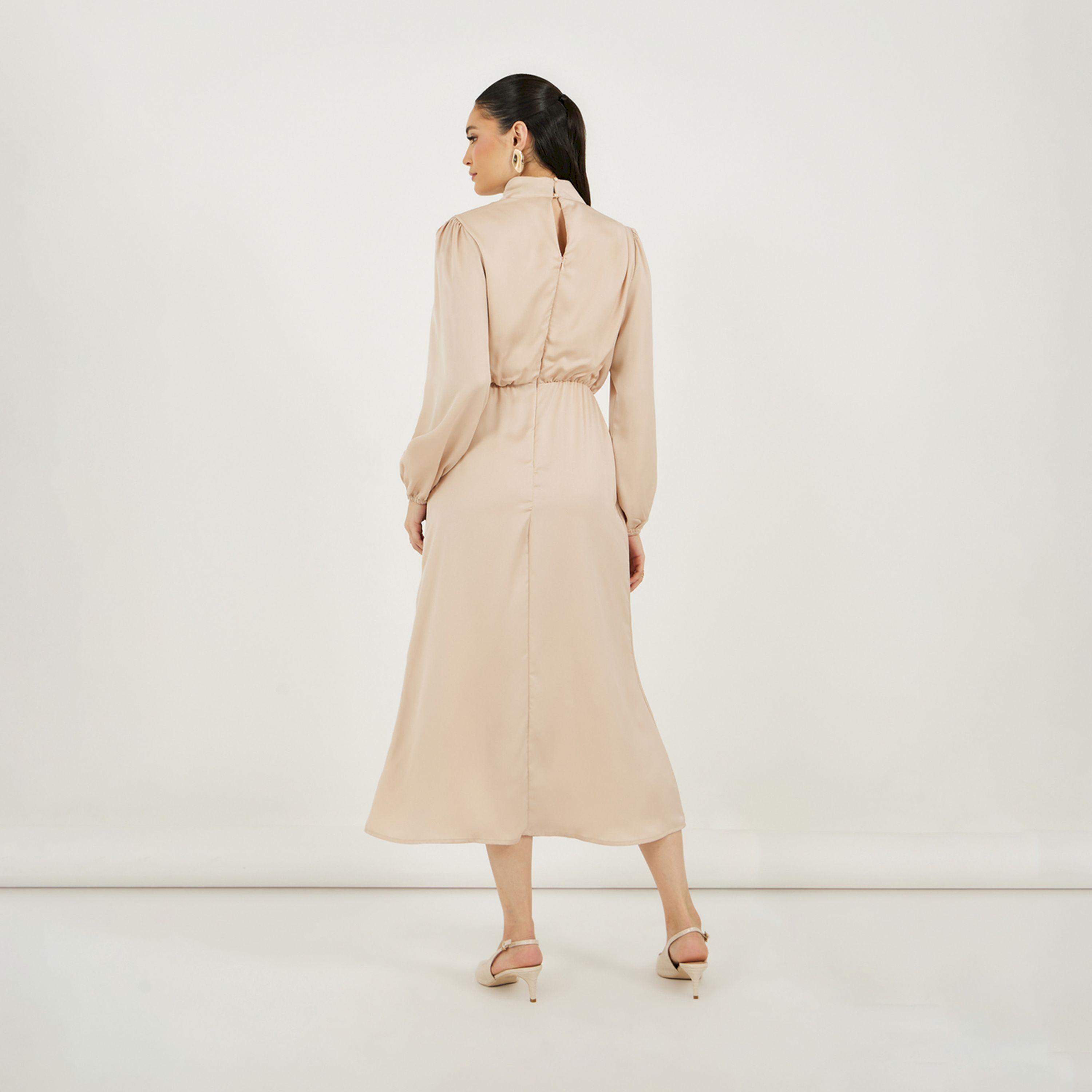 Styli Satin Look Draped Cowl Neck Sheath Midi Dress-women-clothing-dresses-image-6