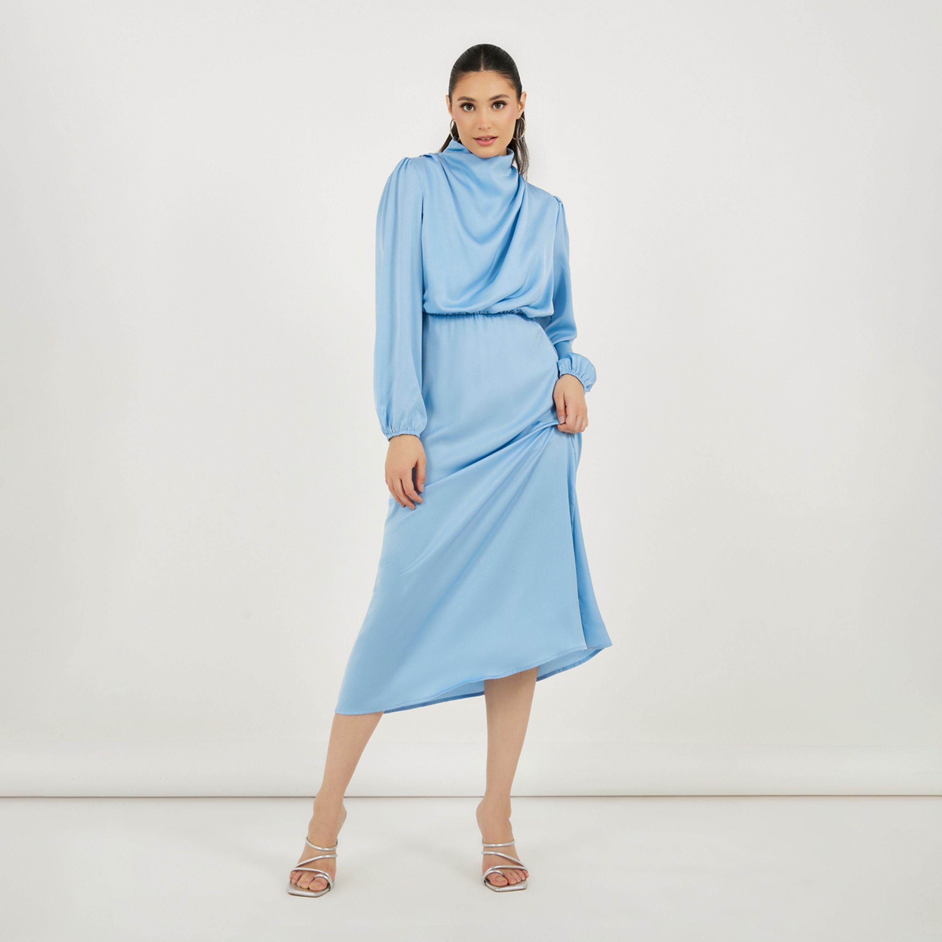 Styli Satin Look Draped Cowl Neck Sheath Midi Dress-women-clothing-dresses-image-1