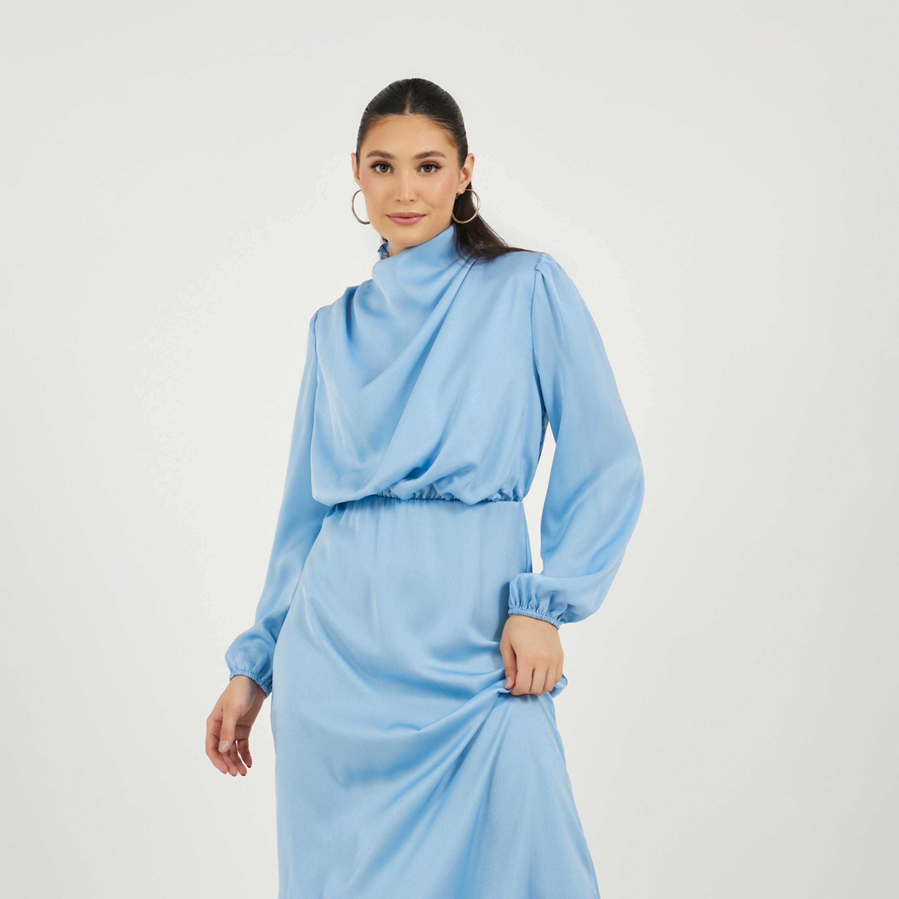 Styli Satin Look Draped Cowl Neck Sheath Midi Dress-women-clothing-dresses-image-2