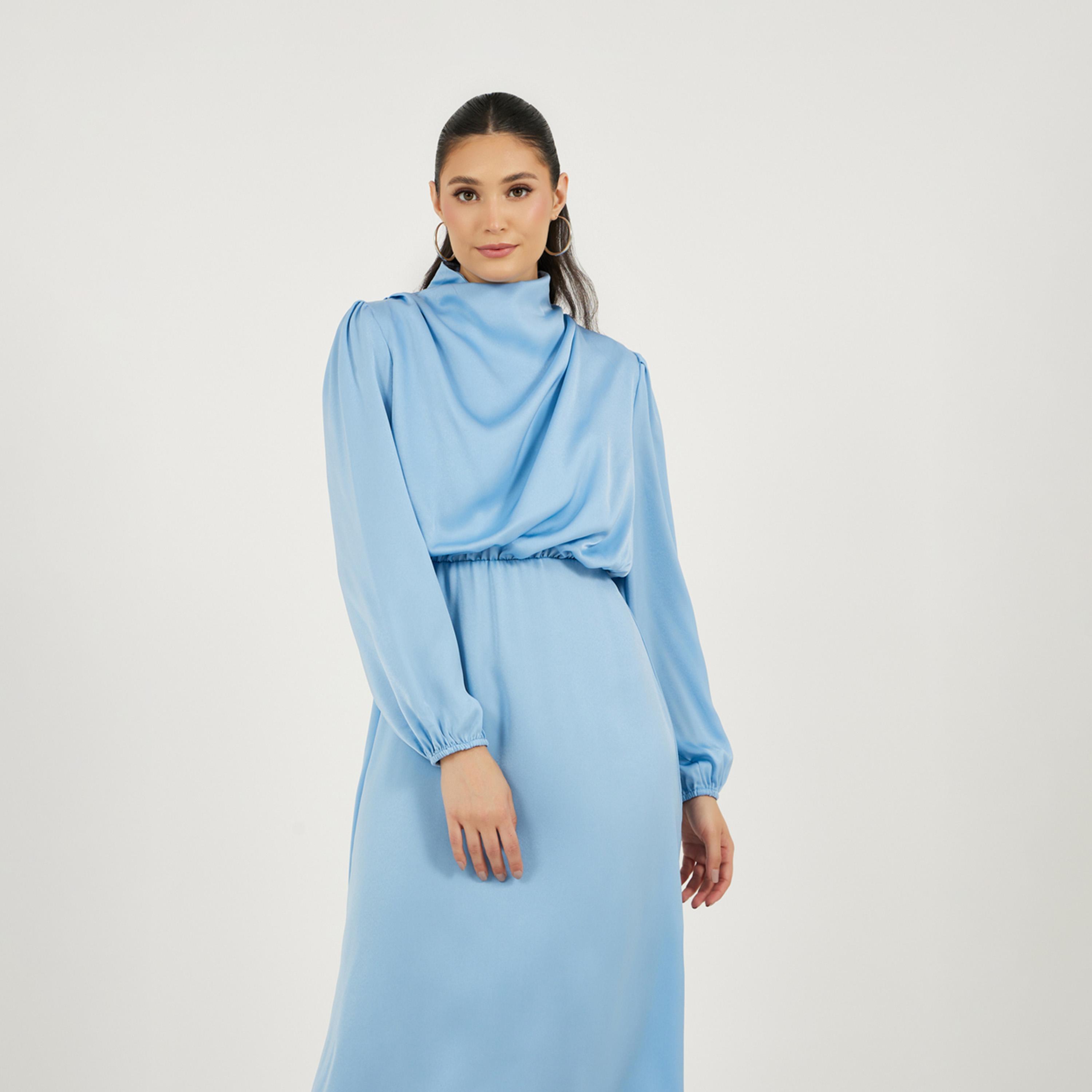 Styli Satin Look Draped Cowl Neck Sheath Midi Dress-women-clothing-dresses-image-4