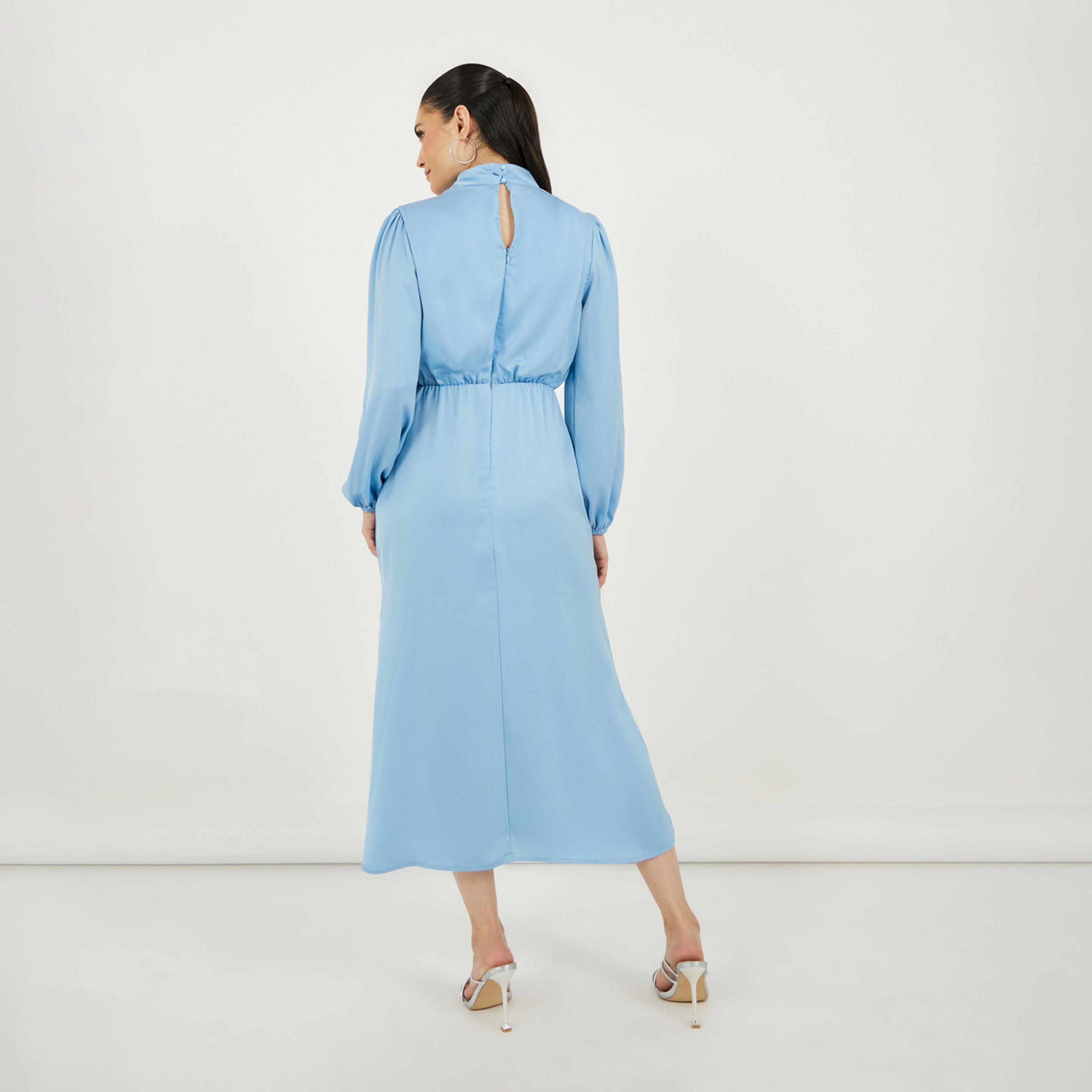 ستايلي - فستان متوسط الطول بتصميم ساتان مع رقبة متدلية-women-clothing-dresses-image-5