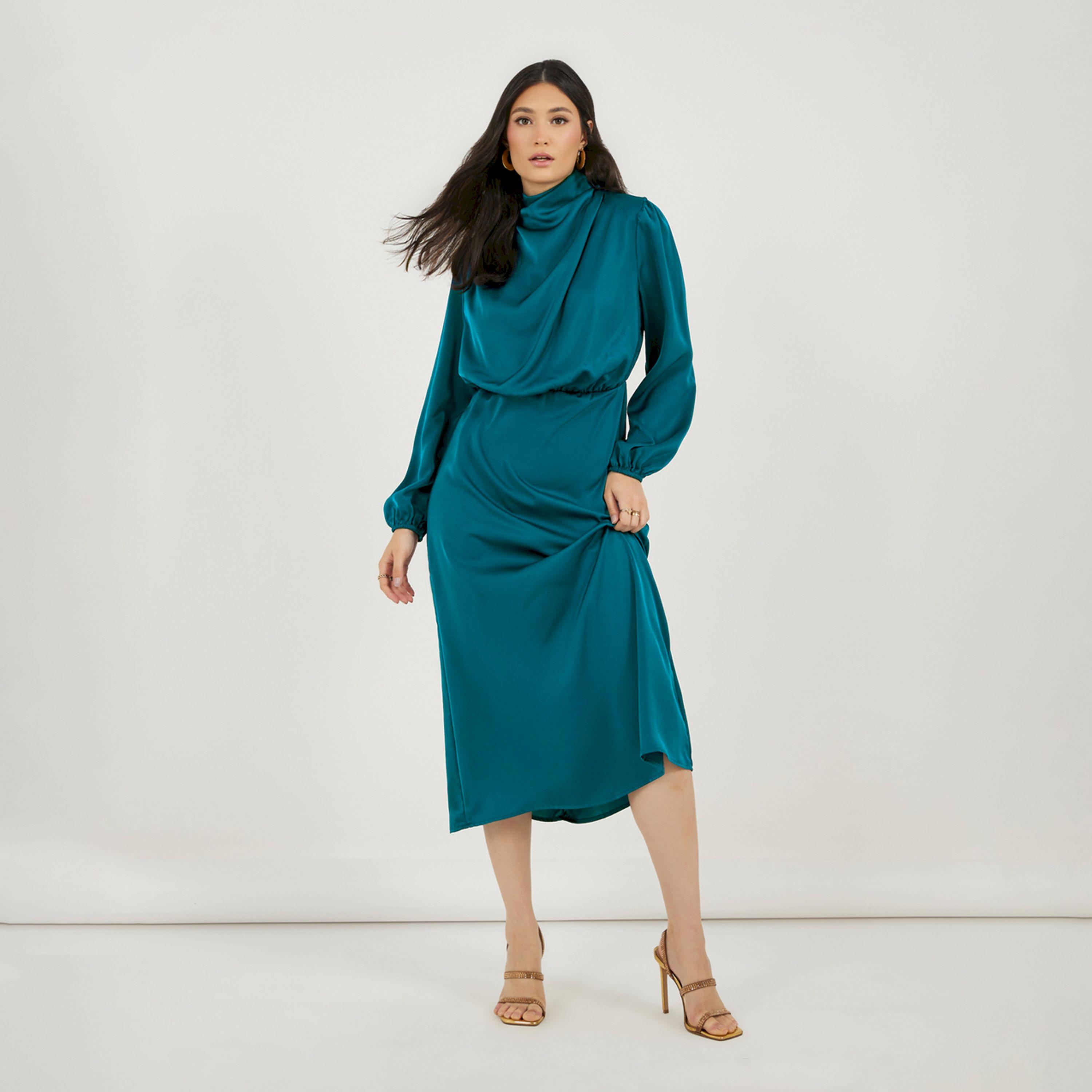 ستايلي - فستان متوسط الطول بتصميم ساتان مع رقبة متدلية-women-clothing-dresses-image-1