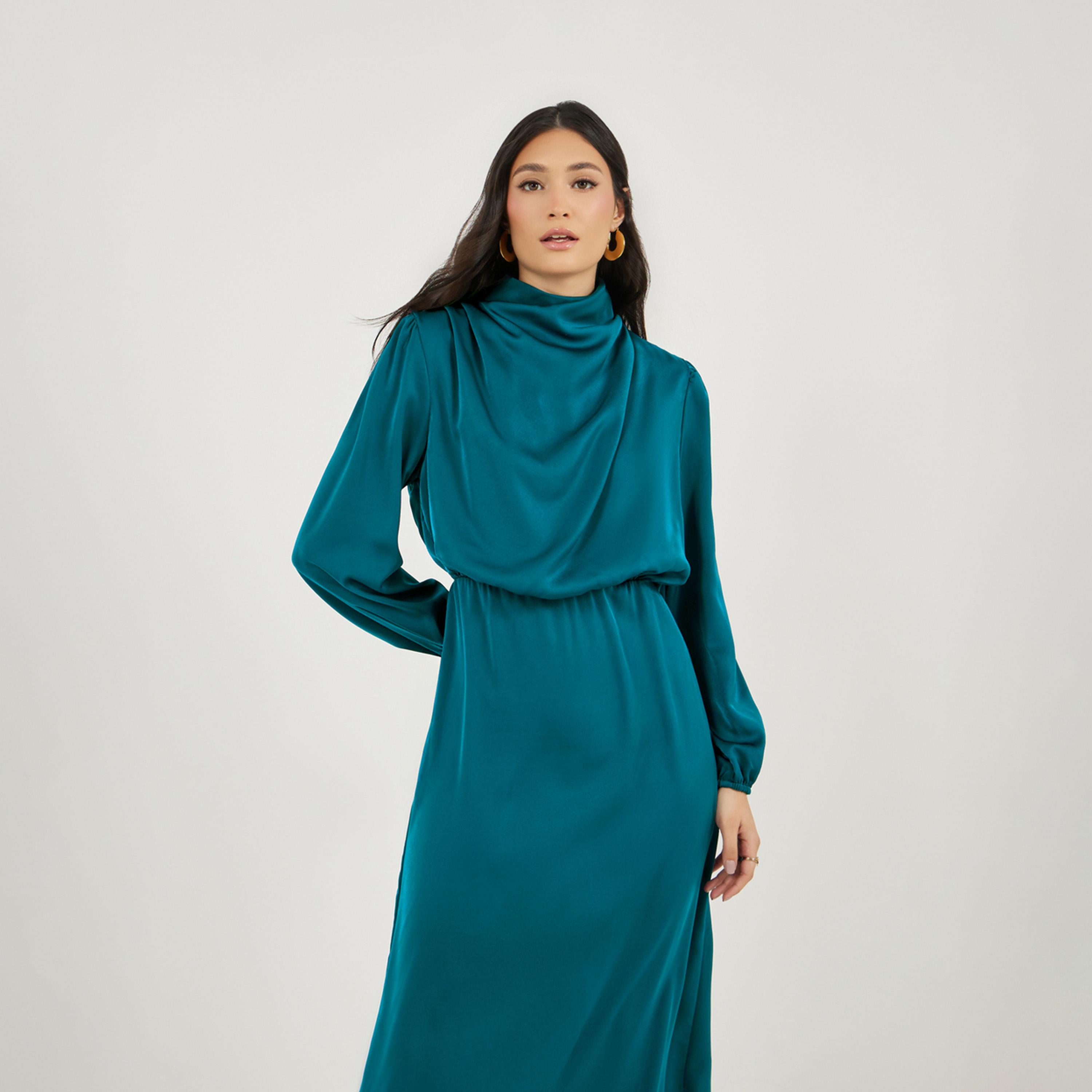 ستايلي - فستان متوسط الطول بتصميم ساتان مع رقبة متدلية-women-clothing-dresses-image-2