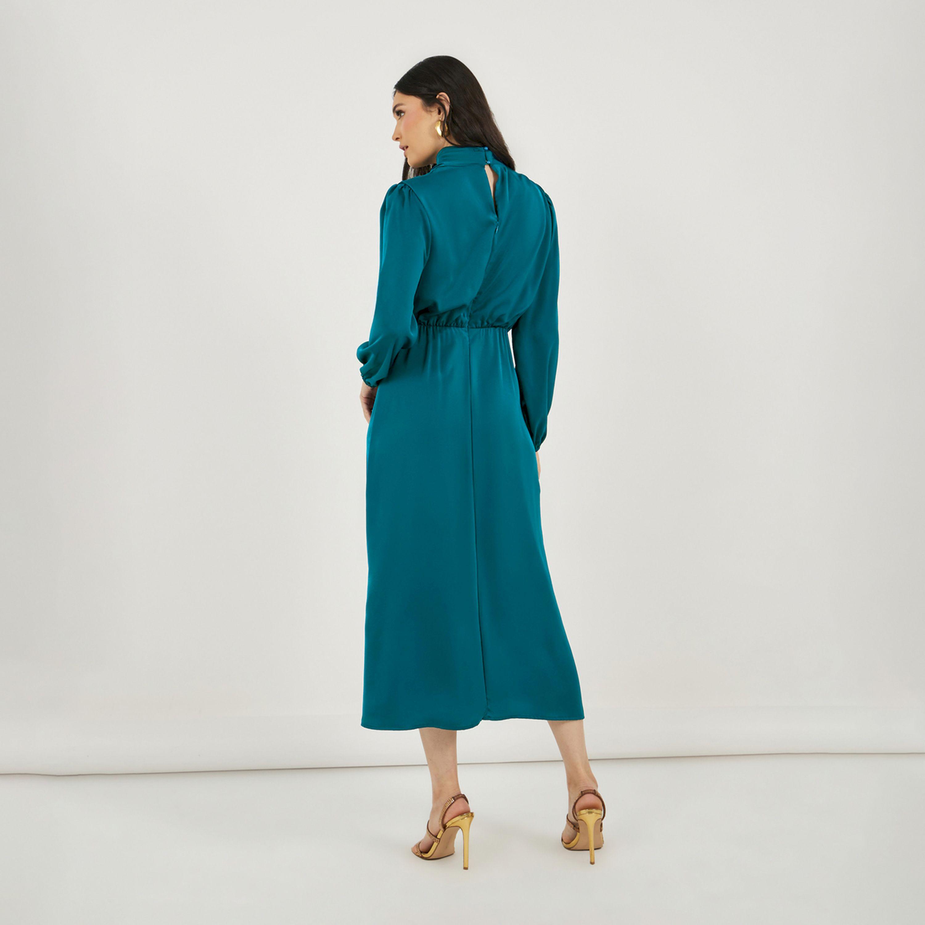 ستايلي - فستان متوسط الطول بتصميم ساتان مع رقبة متدلية-women-clothing-dresses-image-5