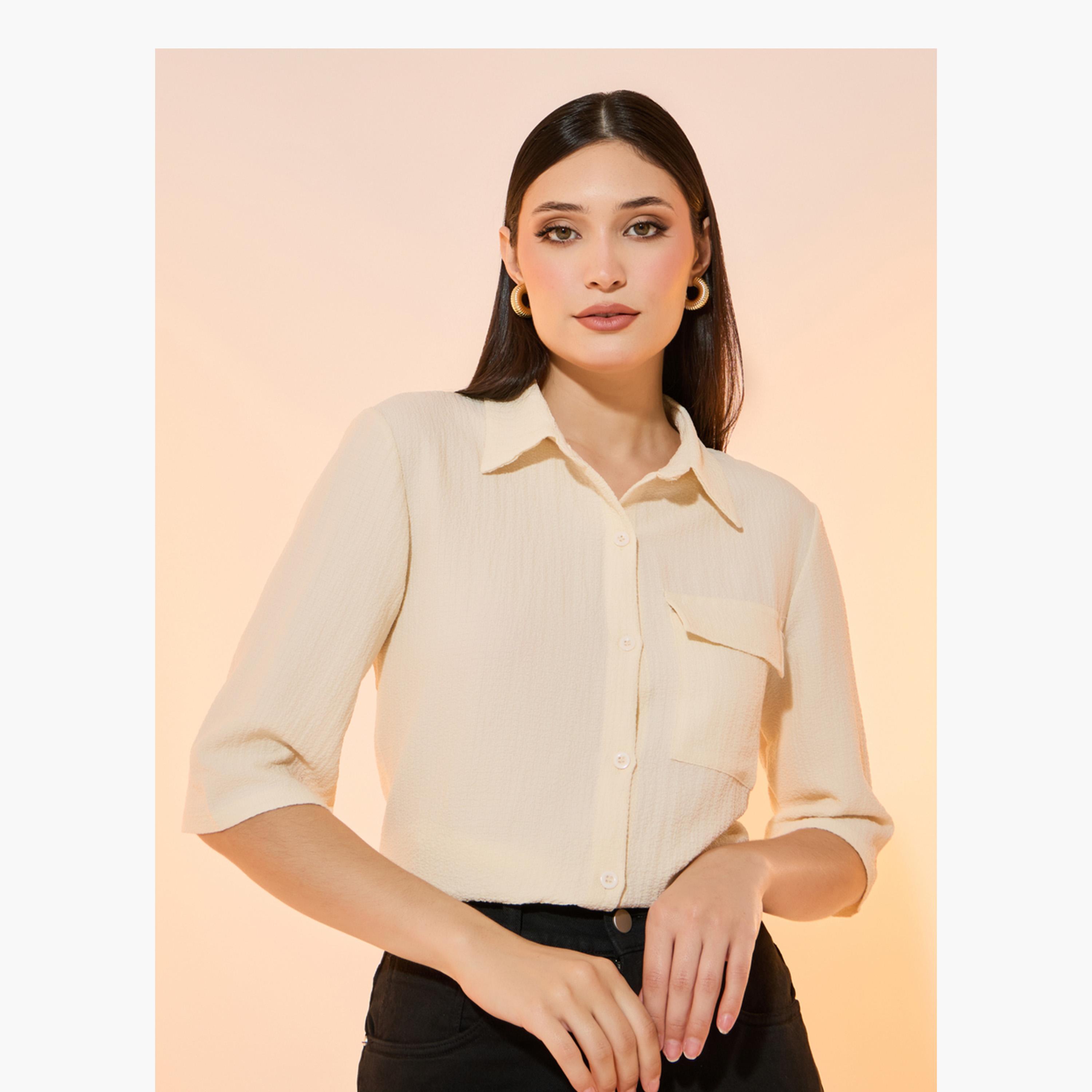 بلوزة بجيب على الصدر وأكمام قصيرة وأزرار-women-clothing-shirtsandblouses-shirts-image-1