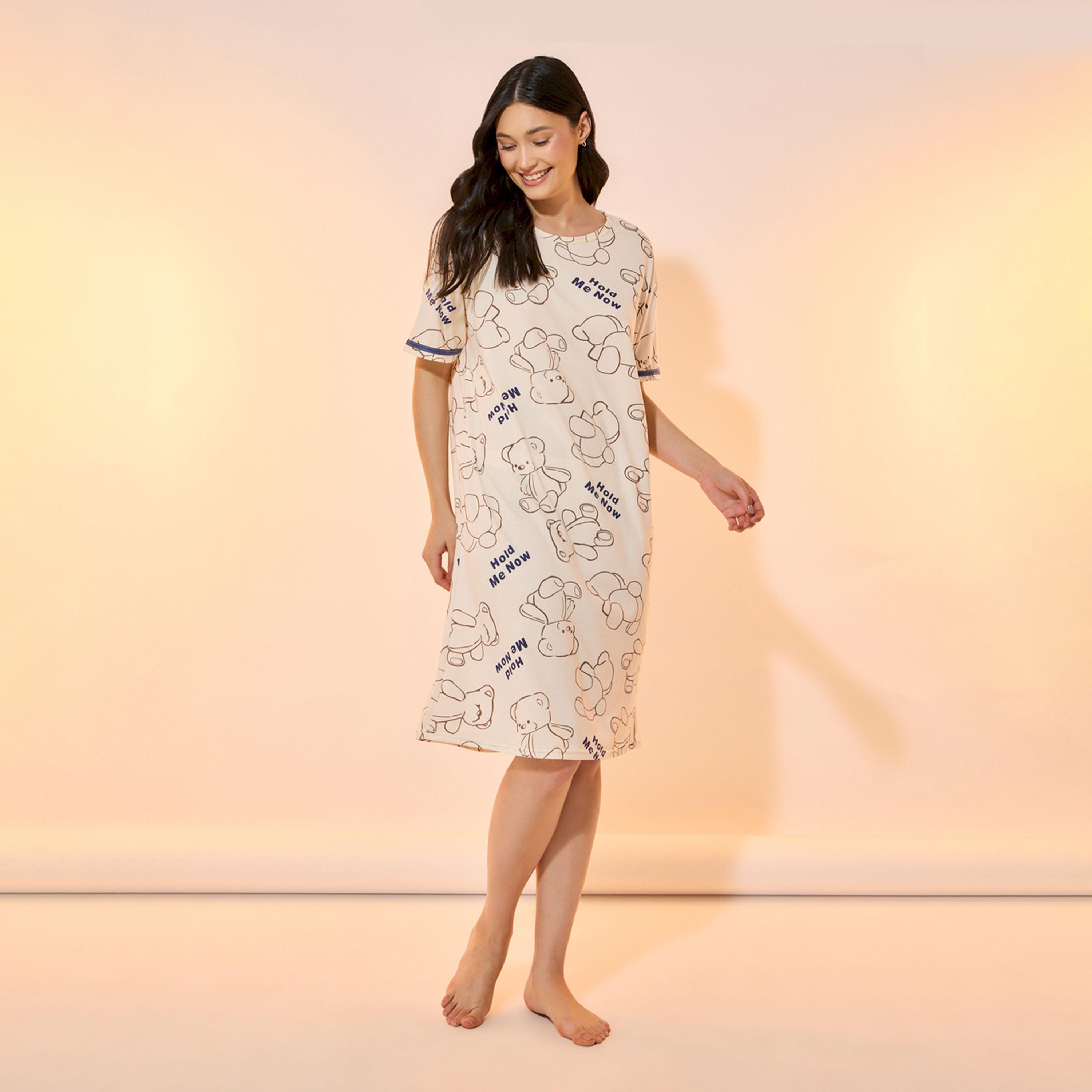 Take Two Bear Print Round Neck Sleep T-Shirt Dress-women-clothing-nightwear-nighties-image-1