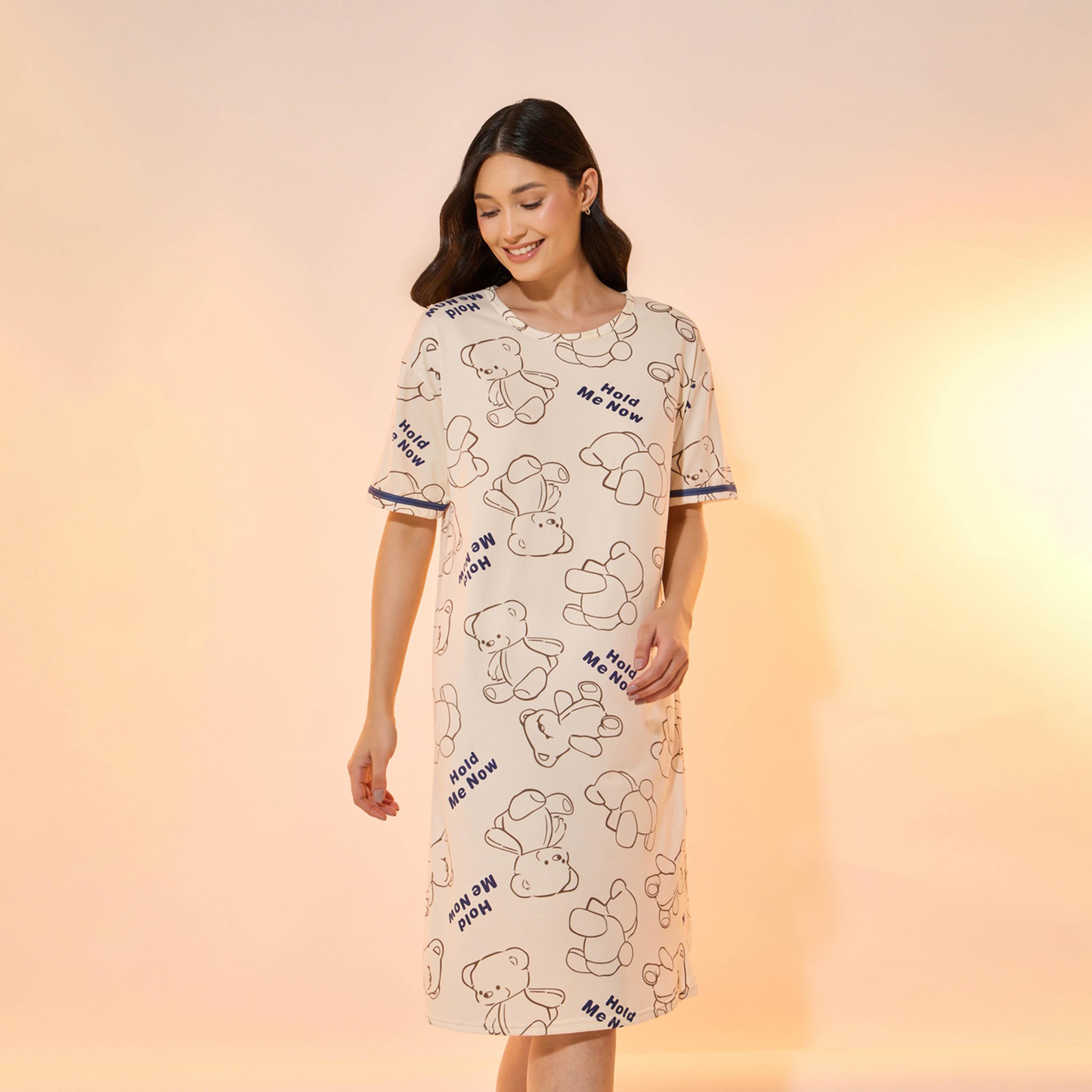 Take Two Bear Print Round Neck Sleep T-Shirt Dress-women-clothing-nightwear-nighties-image-2