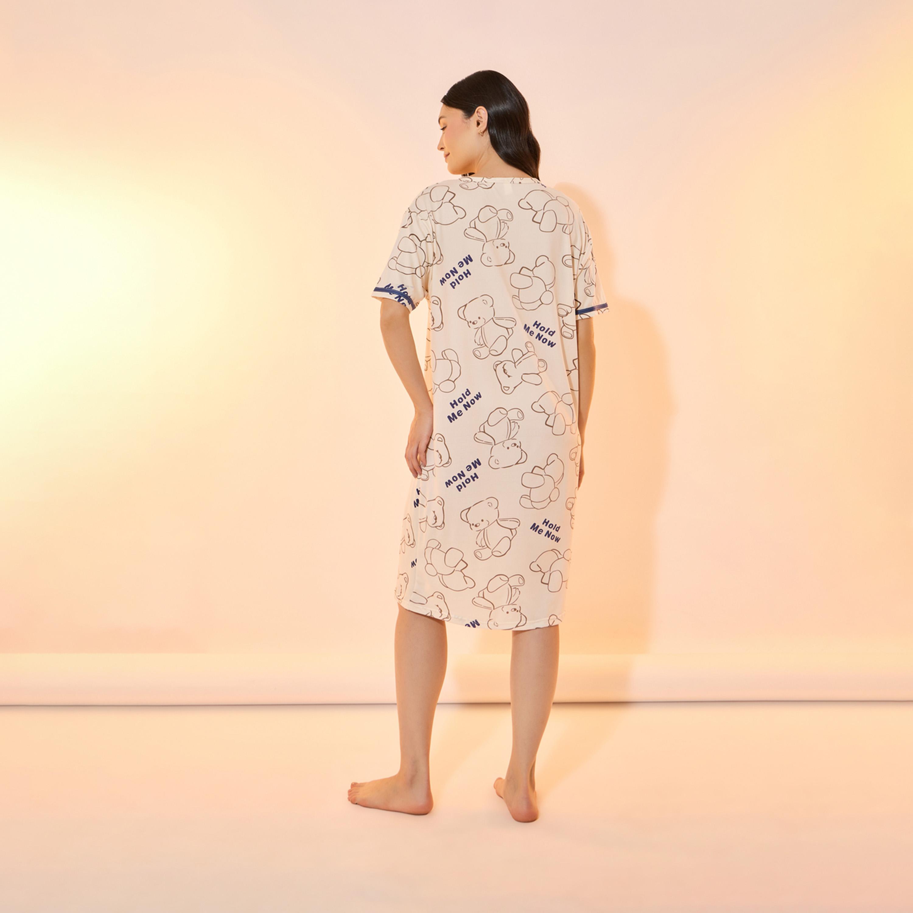 Take Two Bear Print Round Neck Sleep T-Shirt Dress-women-clothing-nightwear-nighties-image-4