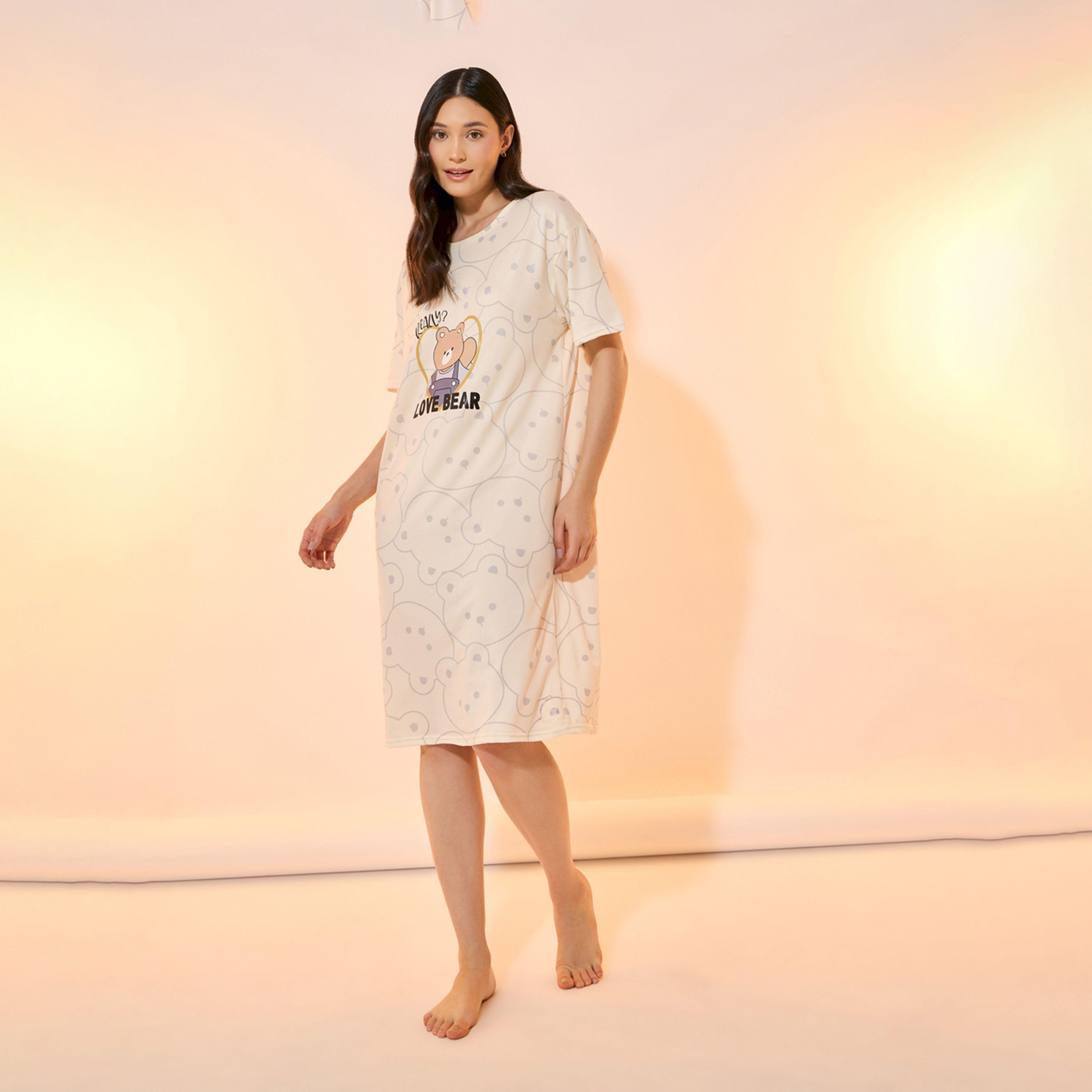 Take Two Graphic Bear Pint Round Neck Sleep T-Shirt Dress-women-clothing-nightwear-nighties-image-1