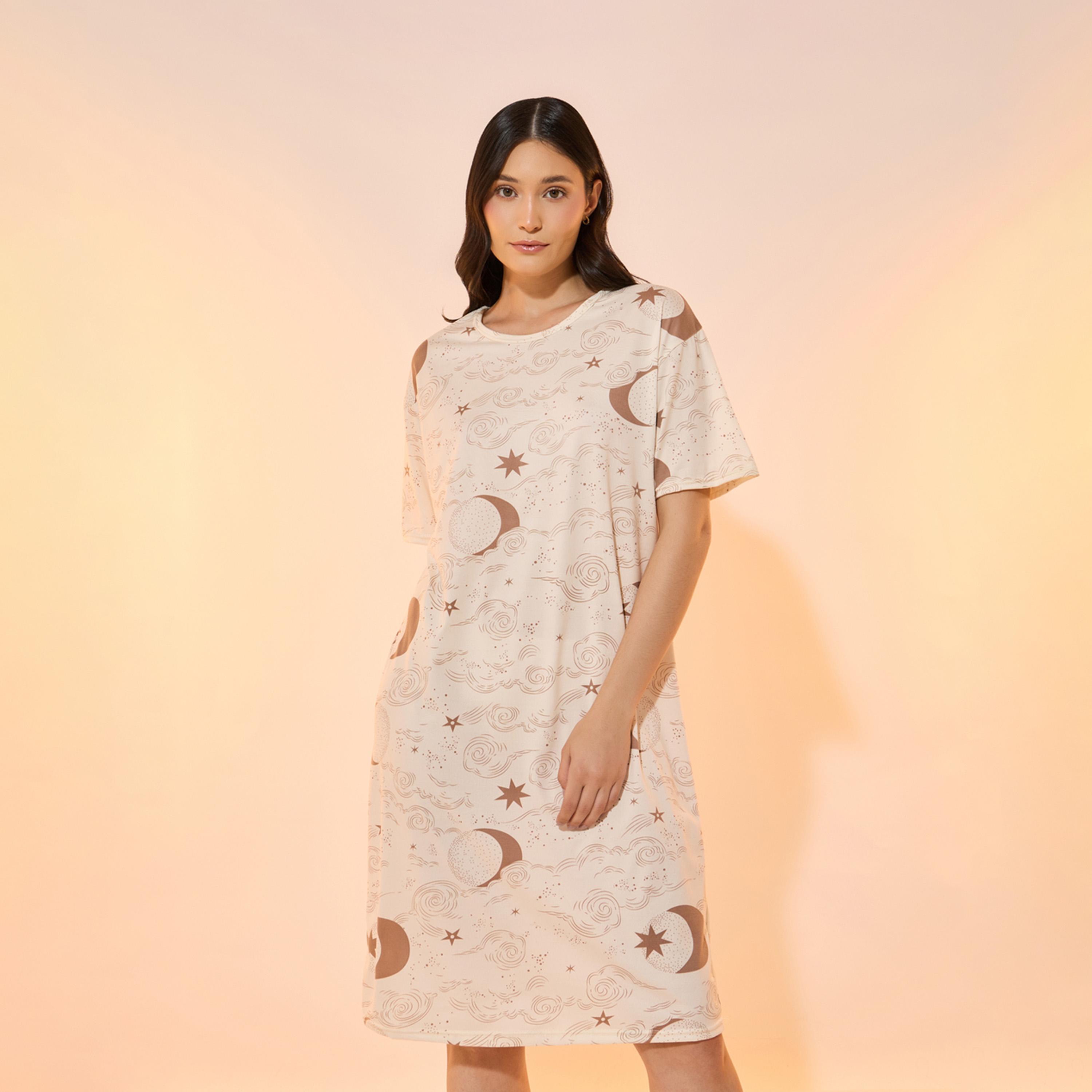 Take Two Moon and Stars Print Round Neck Sleep T-Shirt Dress-women-clothing-nightwear-nighties-image-2