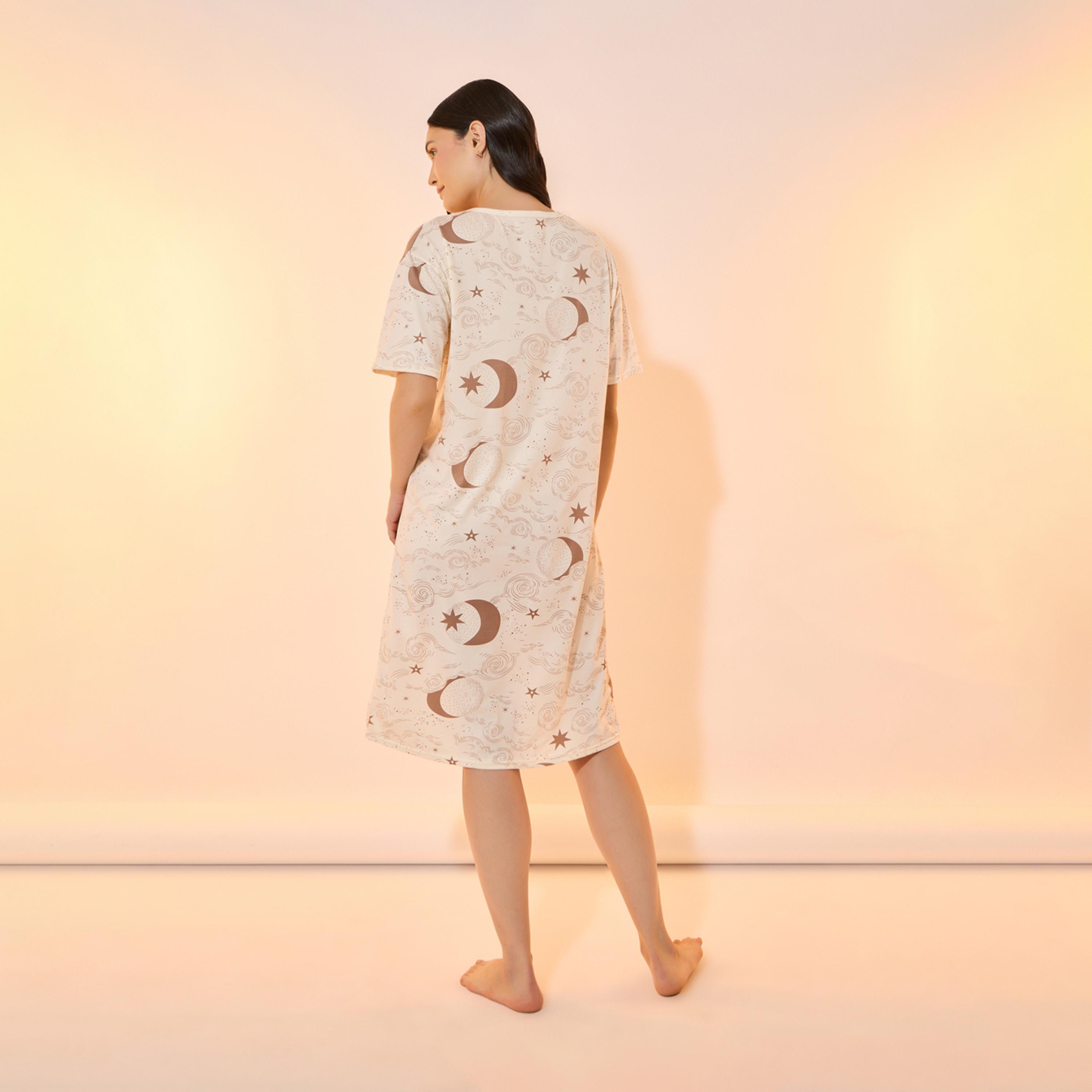 Take Two Moon and Stars Print Round Neck Sleep T-Shirt Dress-women-clothing-nightwear-nighties-image-4