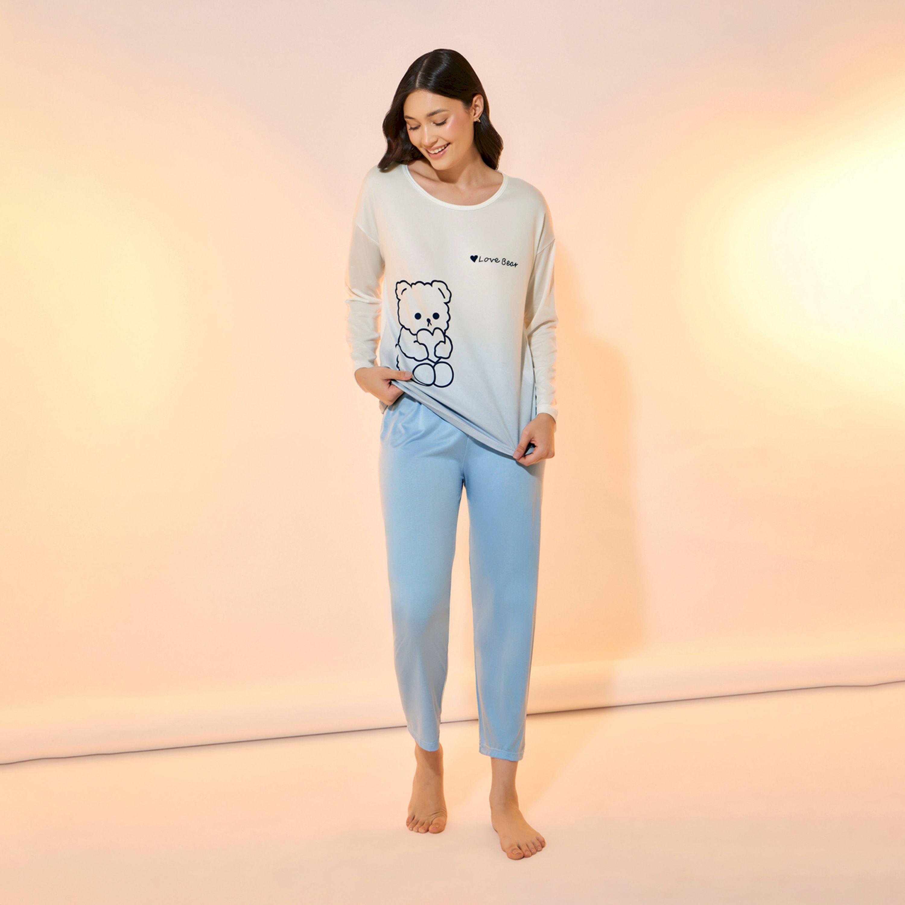 طقم من بنطال بيجاما مع تيشيرت بأكمام طويلة-women-clothing-nightwear-pyjamas-longsets-image-1