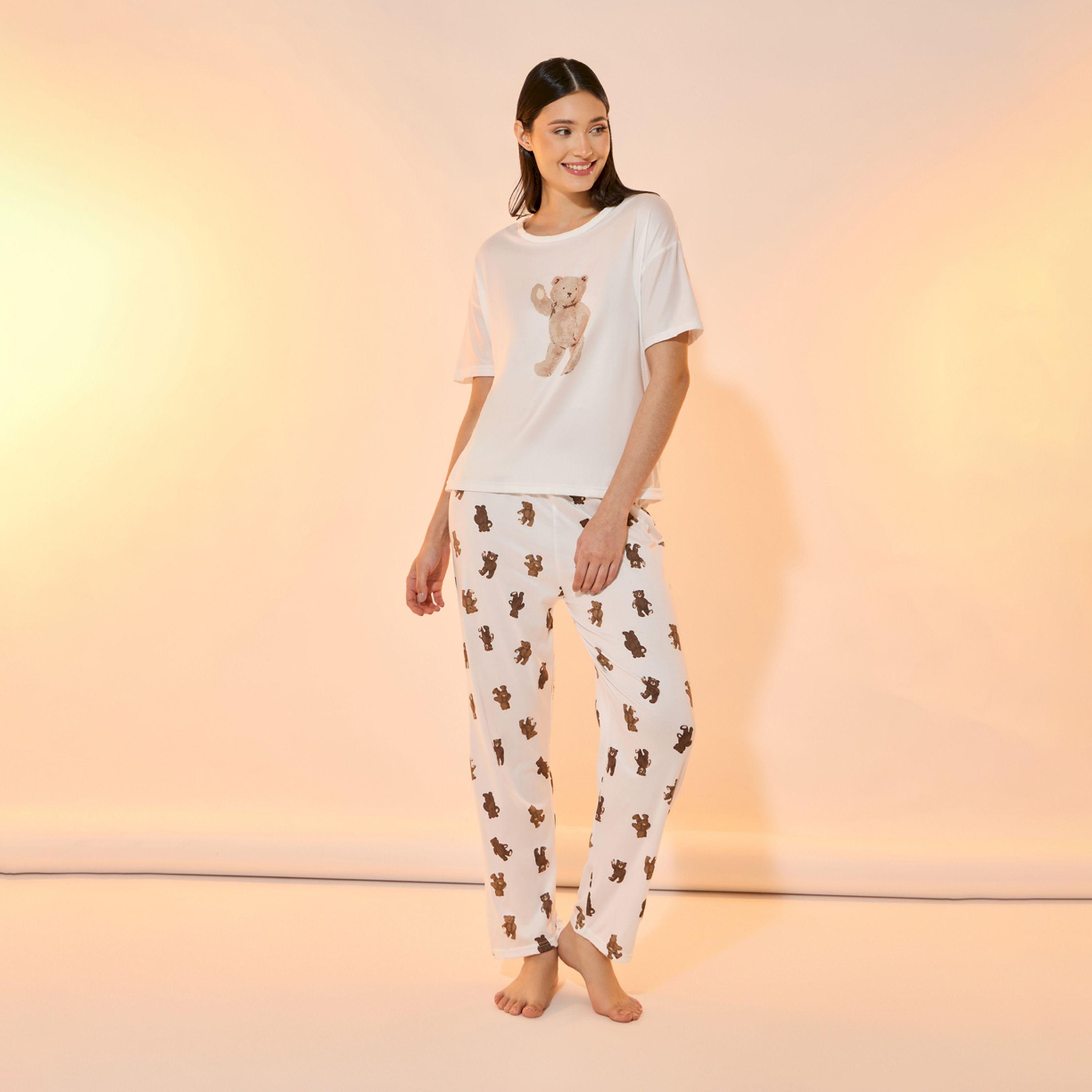 Take Two Bear Print Short Sleeves T-Shirt and Pyjama Set-women-clothing-nightwear-pyjamas-longsets-image-1