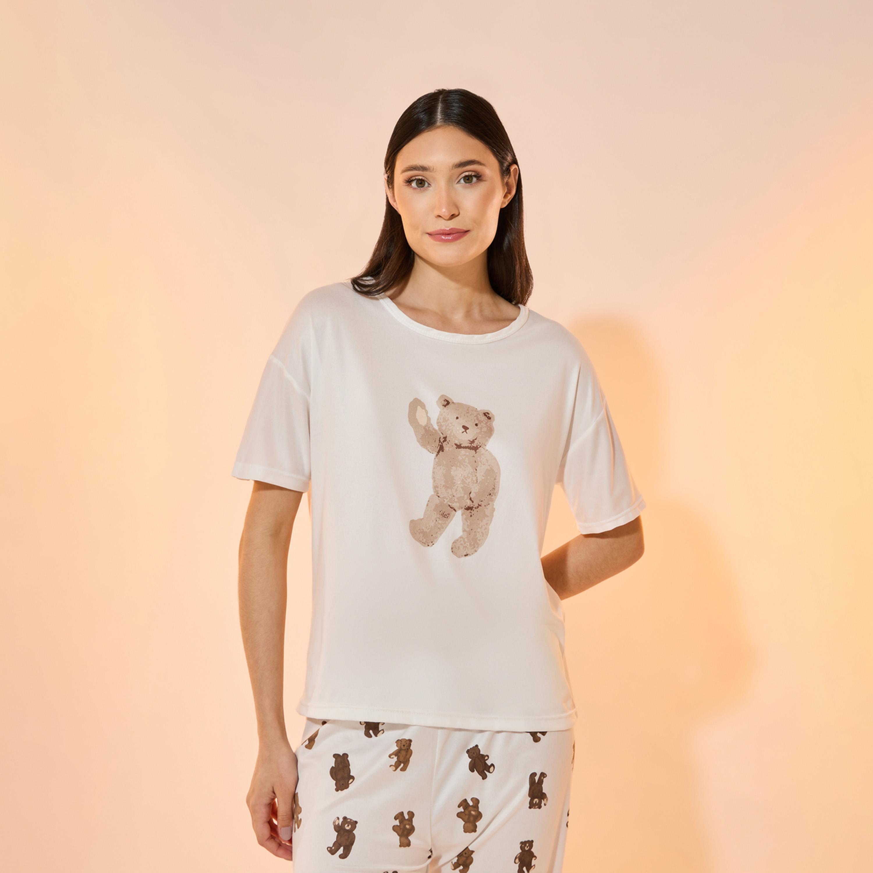 Take Two Bear Print Short Sleeves T-Shirt and Pyjama Set-women-clothing-nightwear-pyjamas-longsets-image-2