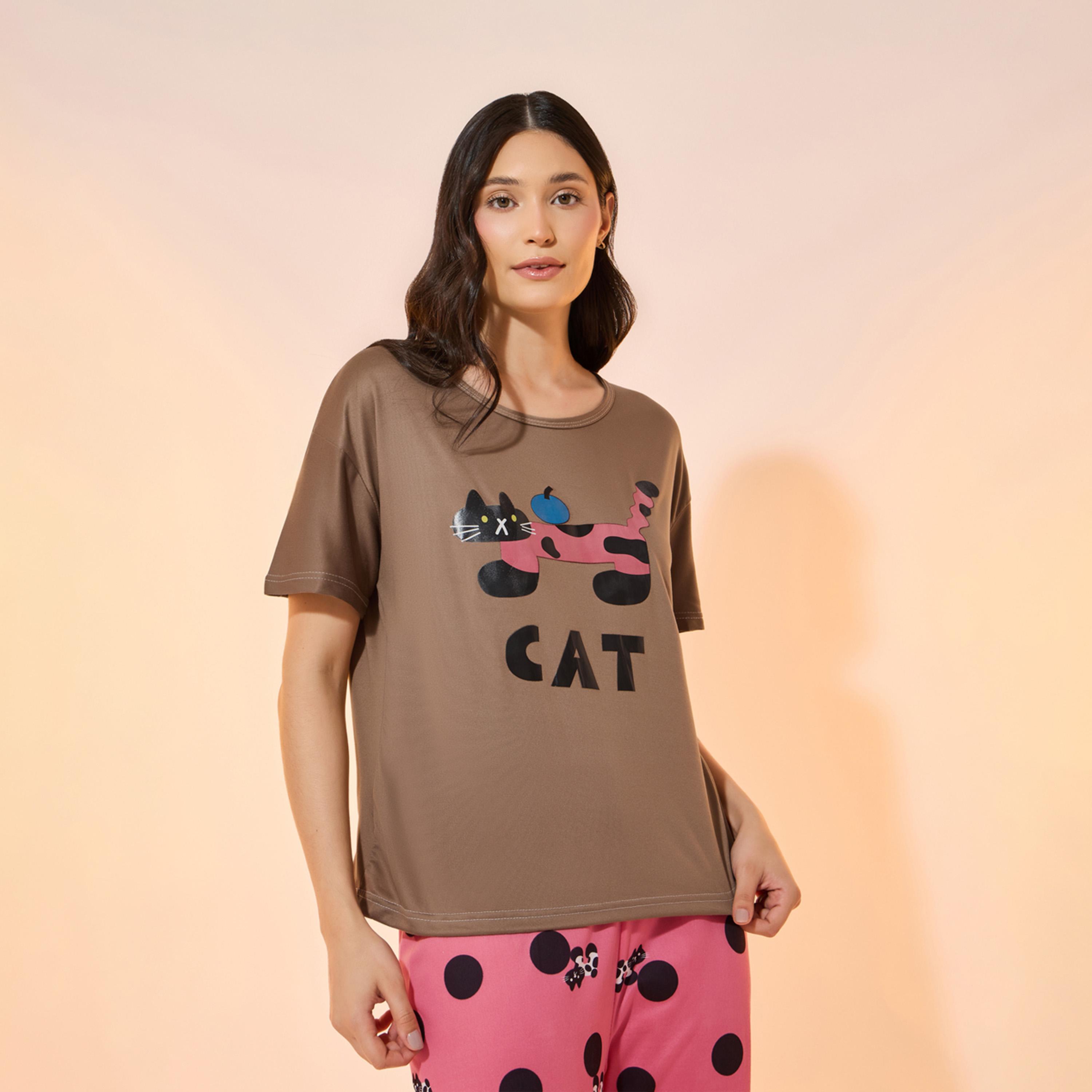 Take Two Graphic Print Round Neck T-Shirt and Pyjama Set-women-clothing-nightwear-pyjamas-longsets-image-2