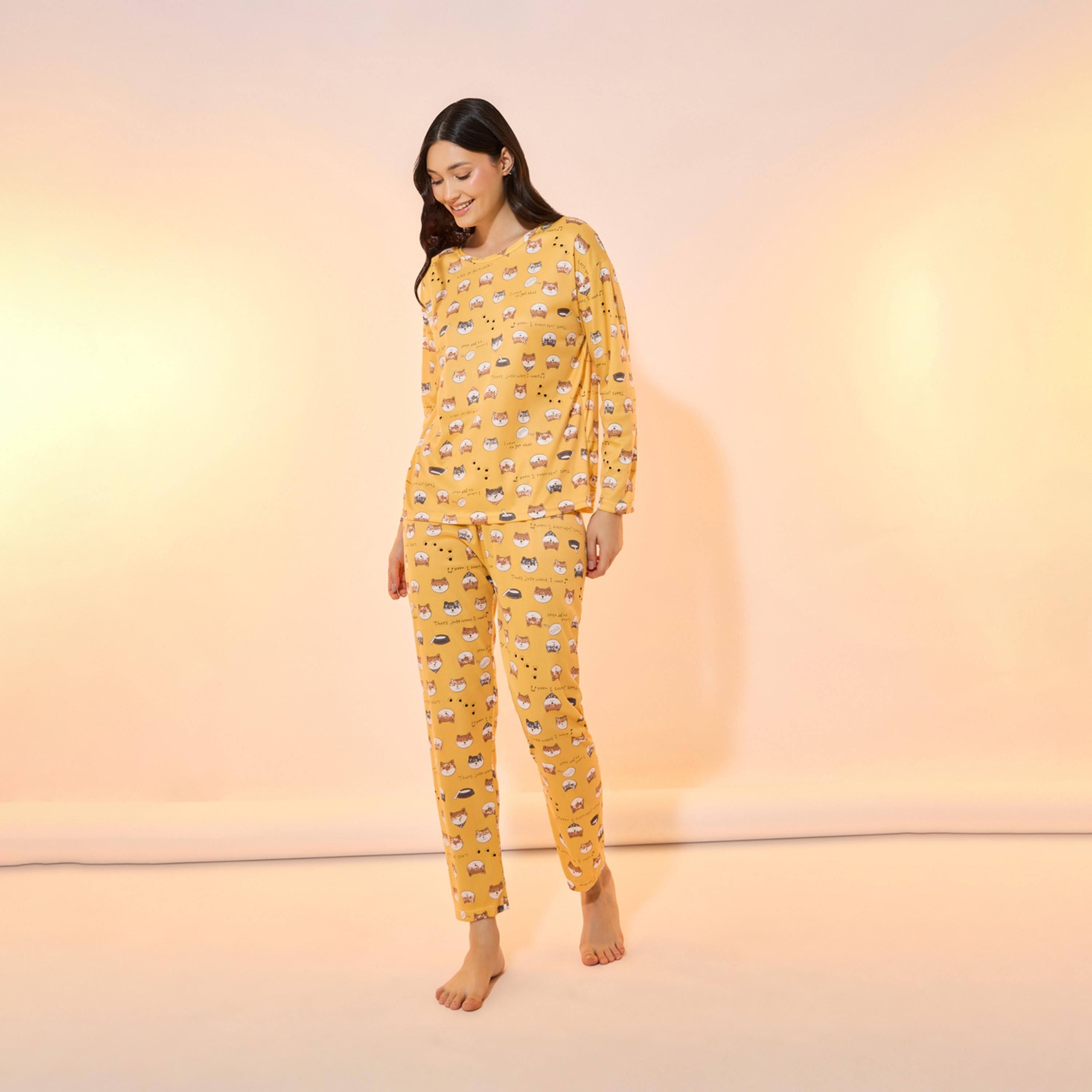 Take Two All Over Cat Print Long Sleeve T-Shirt and Pyjama Set-women-clothing-nightwear-pyjamas-longsets-image-1