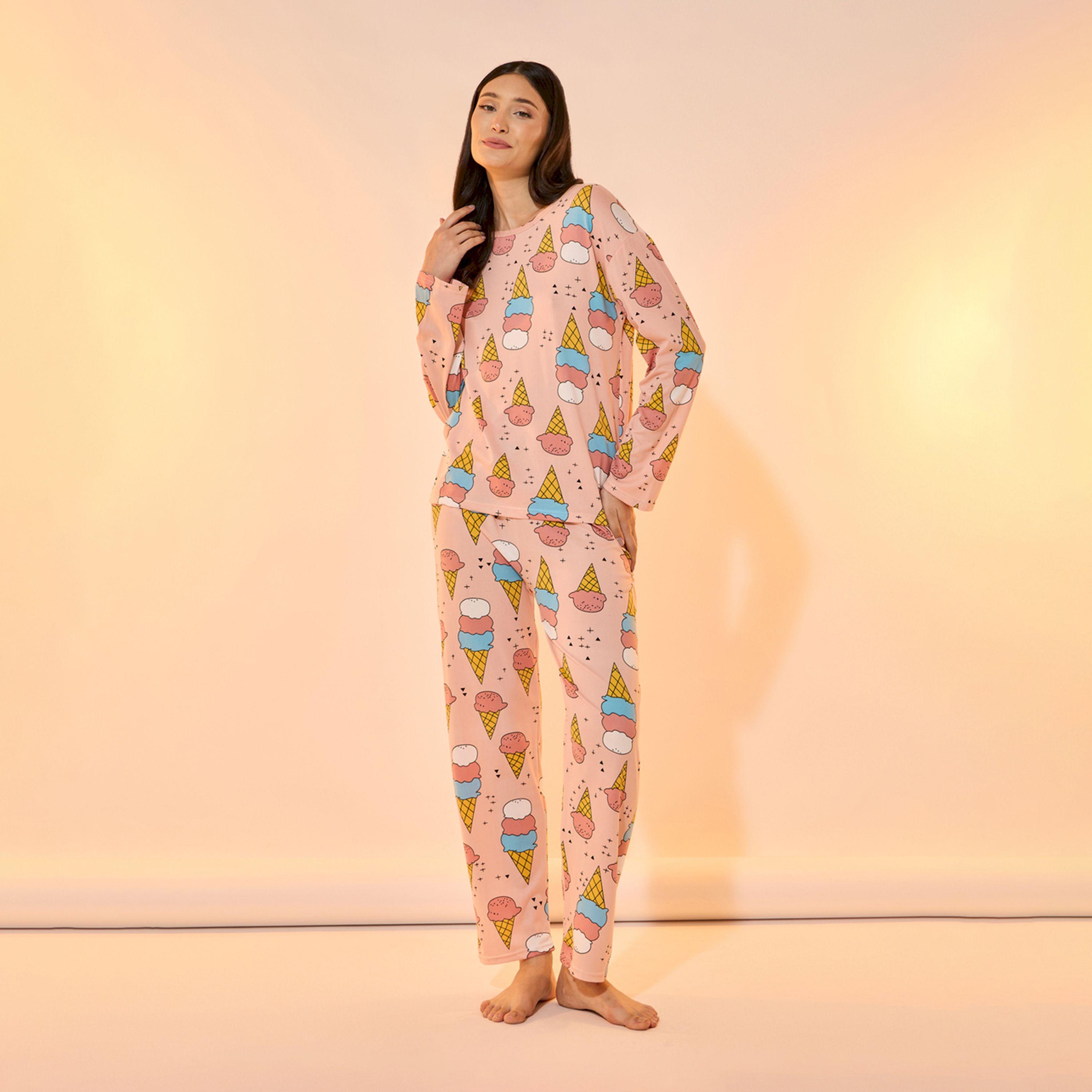 Take Two All Over Ice Cream Print Long Sleeves T-Shirt and Pyjama Set-women-clothing-nightwear-pyjamas-longsets-image-1