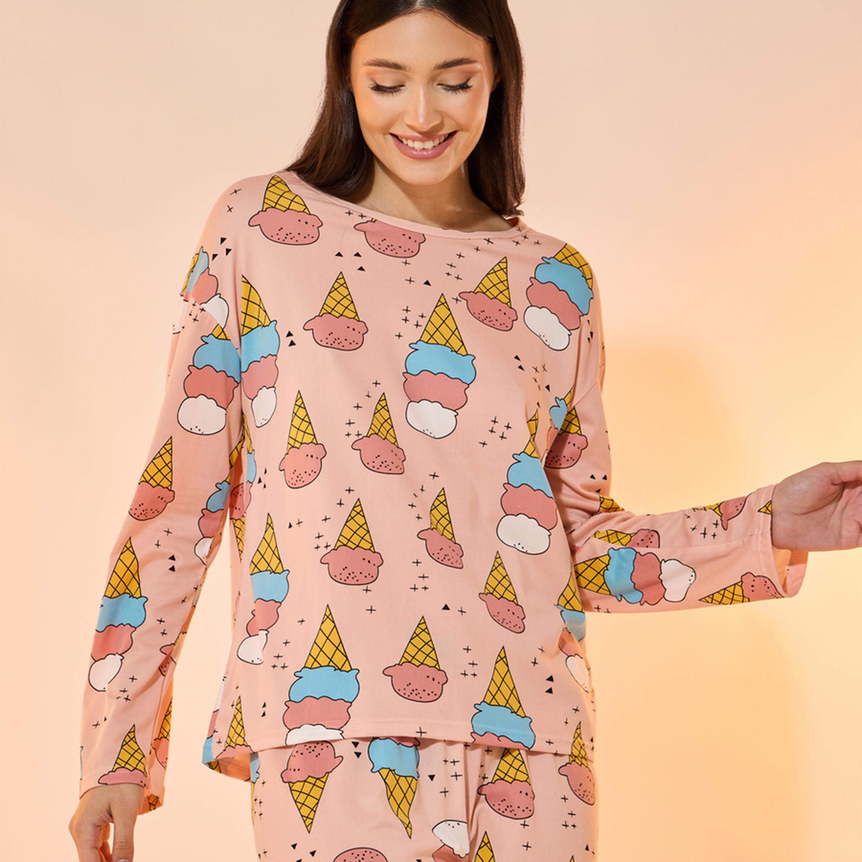 Take Two All Over Ice Cream Print Long Sleeves T-Shirt and Pyjama Set-women-clothing-nightwear-pyjamas-longsets-image-2