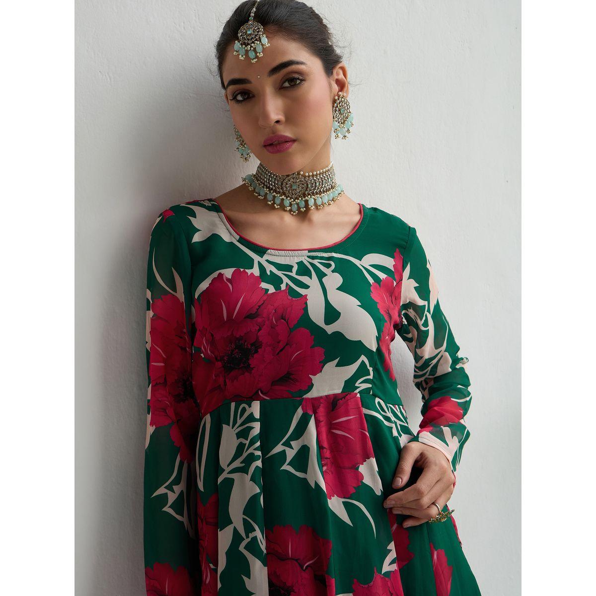 كورتا طويلة بنمط اناركالي بطبعة زهور ساسافراس × ستايلي-women-clothing-ethnicwear-kurtas-image-4