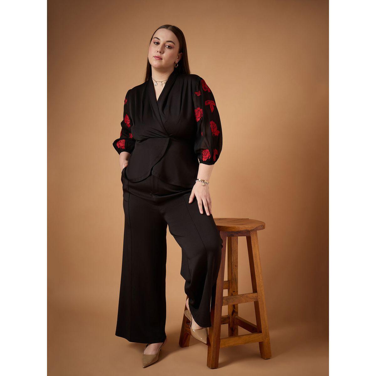 Sassafras X Styli  Plus Size Embroidered Sleeves Top and Straight Pants Set-women-clothing-dresses-image-2