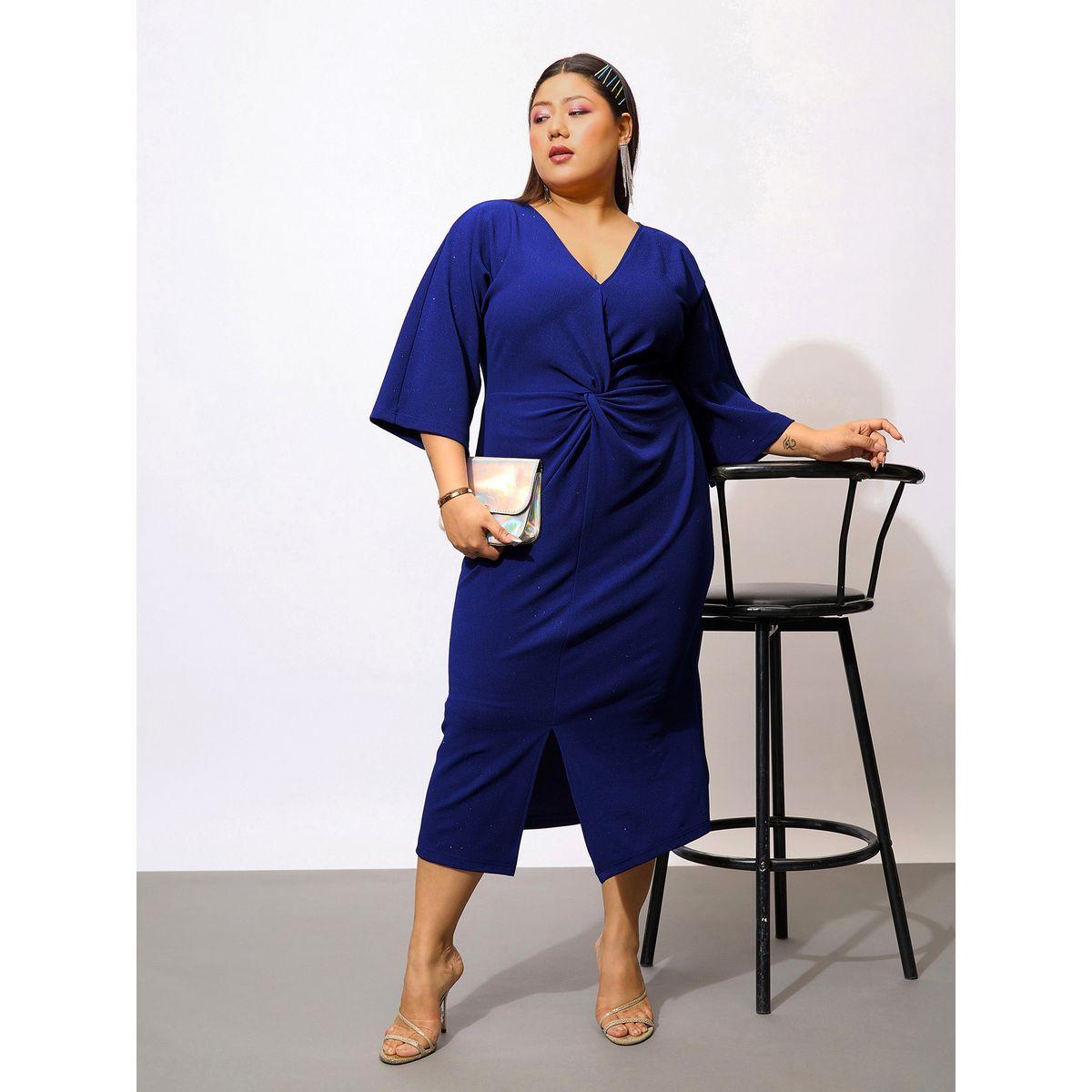 فستان ميدي بمقاس كبير ومزين بالجليتر مع عقدة ساسافراس × ستايلي-women-clothing-dresses-image-1