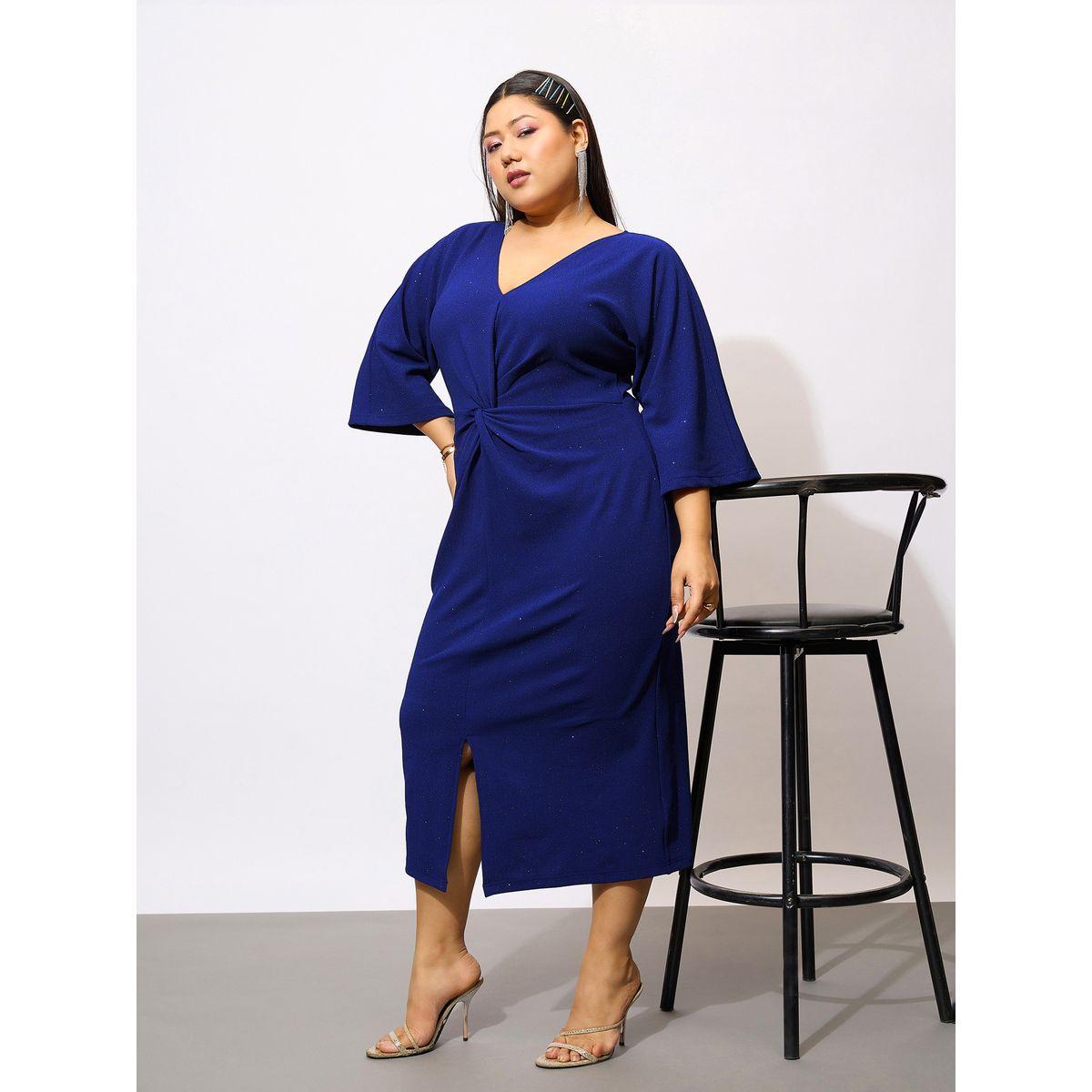 فستان ميدي بمقاس كبير ومزين بالجليتر مع عقدة ساسافراس × ستايلي-women-clothing-dresses-image-3