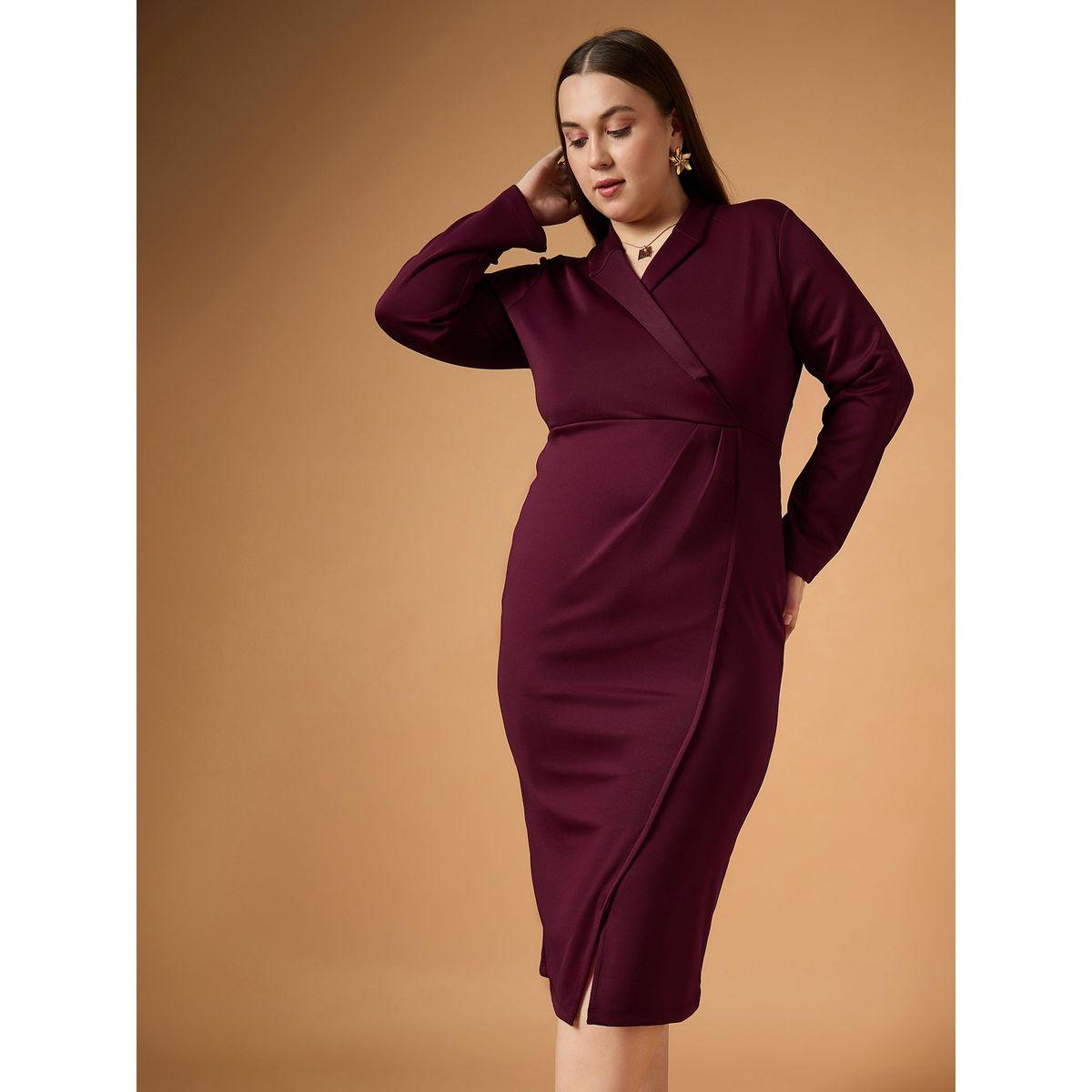 Sassafras X Styli  Plus Size Solid Wrap Look Sheath Midi Dress-women-clothing-dresses-image-1