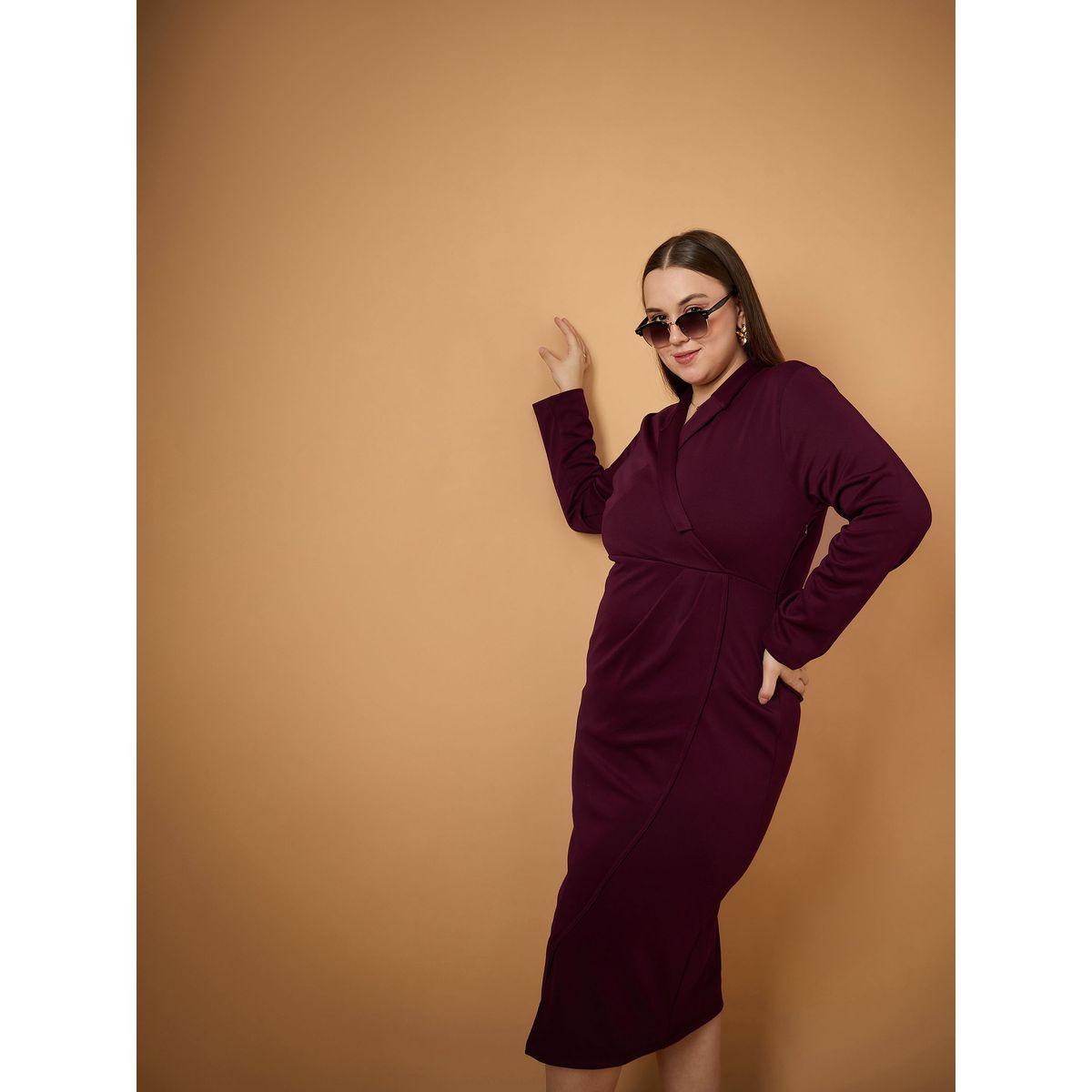 Sassafras X Styli  Plus Size Solid Wrap Look Sheath Midi Dress-women-clothing-dresses-image-7