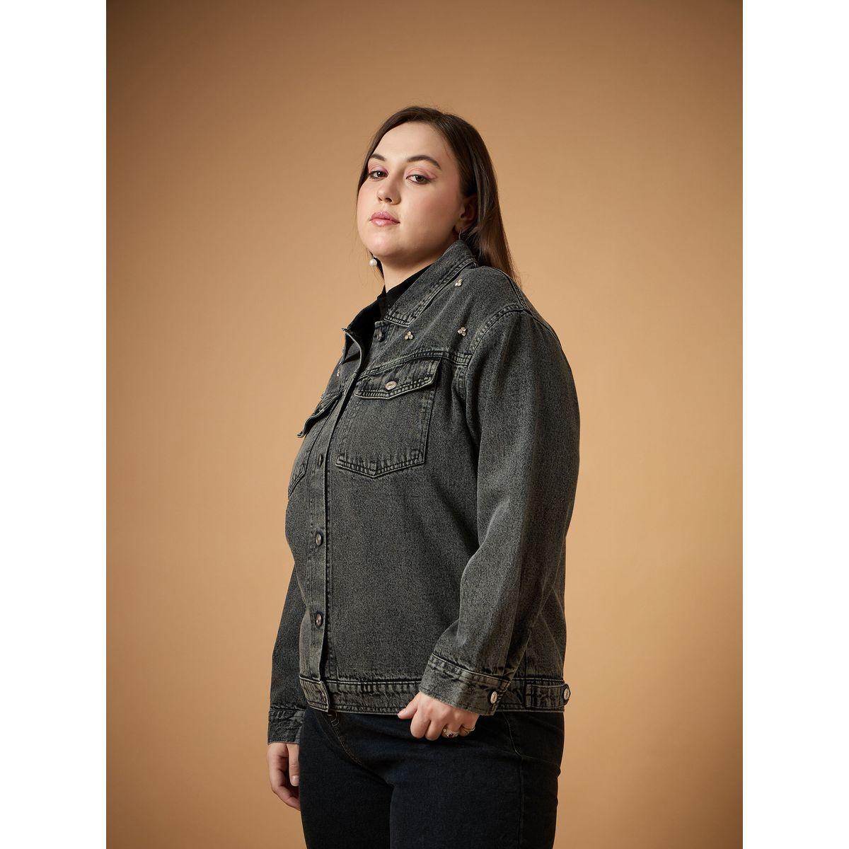 Sassafras X Styli  Plus Size Embellished Detail Washed Denim Jacket with Pocket Detail-women-winterwear-coatsandjackets-jackets-image-3