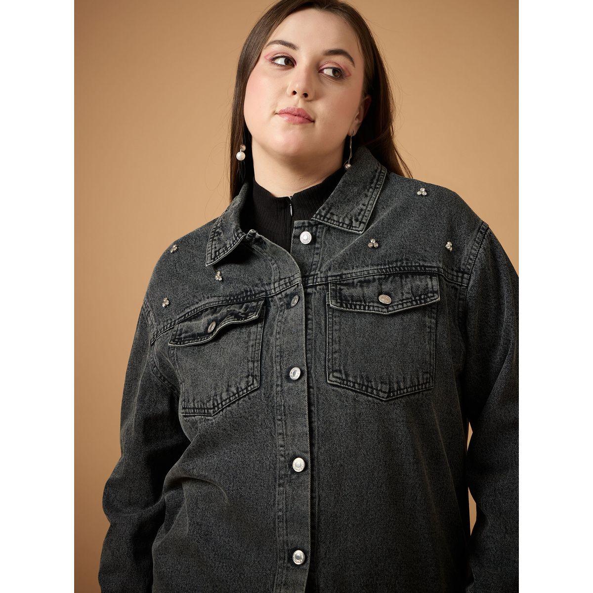 Sassafras X Styli  Plus Size Embellished Detail Washed Denim Jacket with Pocket Detail-women-winterwear-coatsandjackets-jackets-image-4