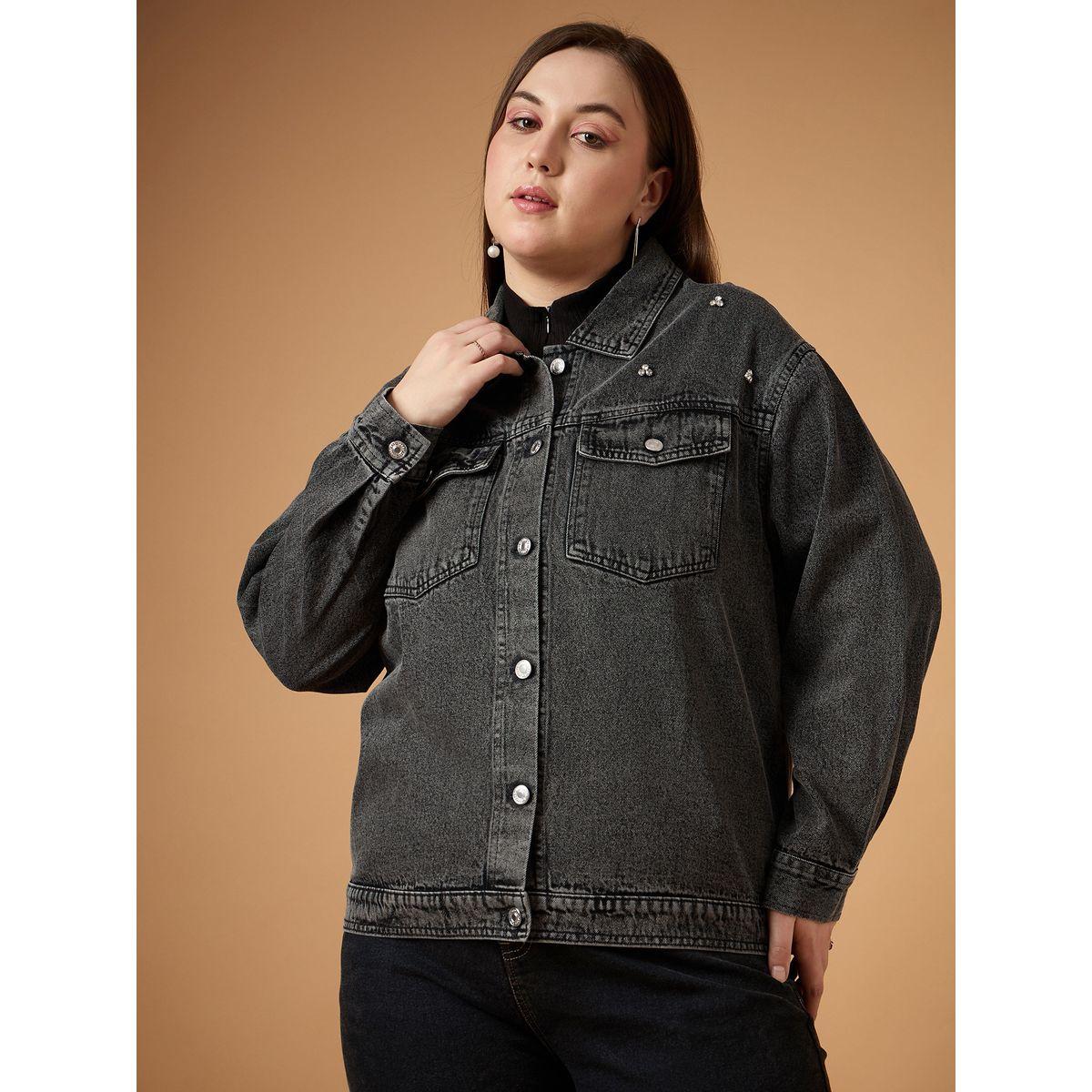 Sassafras X Styli  Plus Size Embellished Detail Washed Denim Jacket with Pocket Detail-women-winterwear-coatsandjackets-jackets-image-6