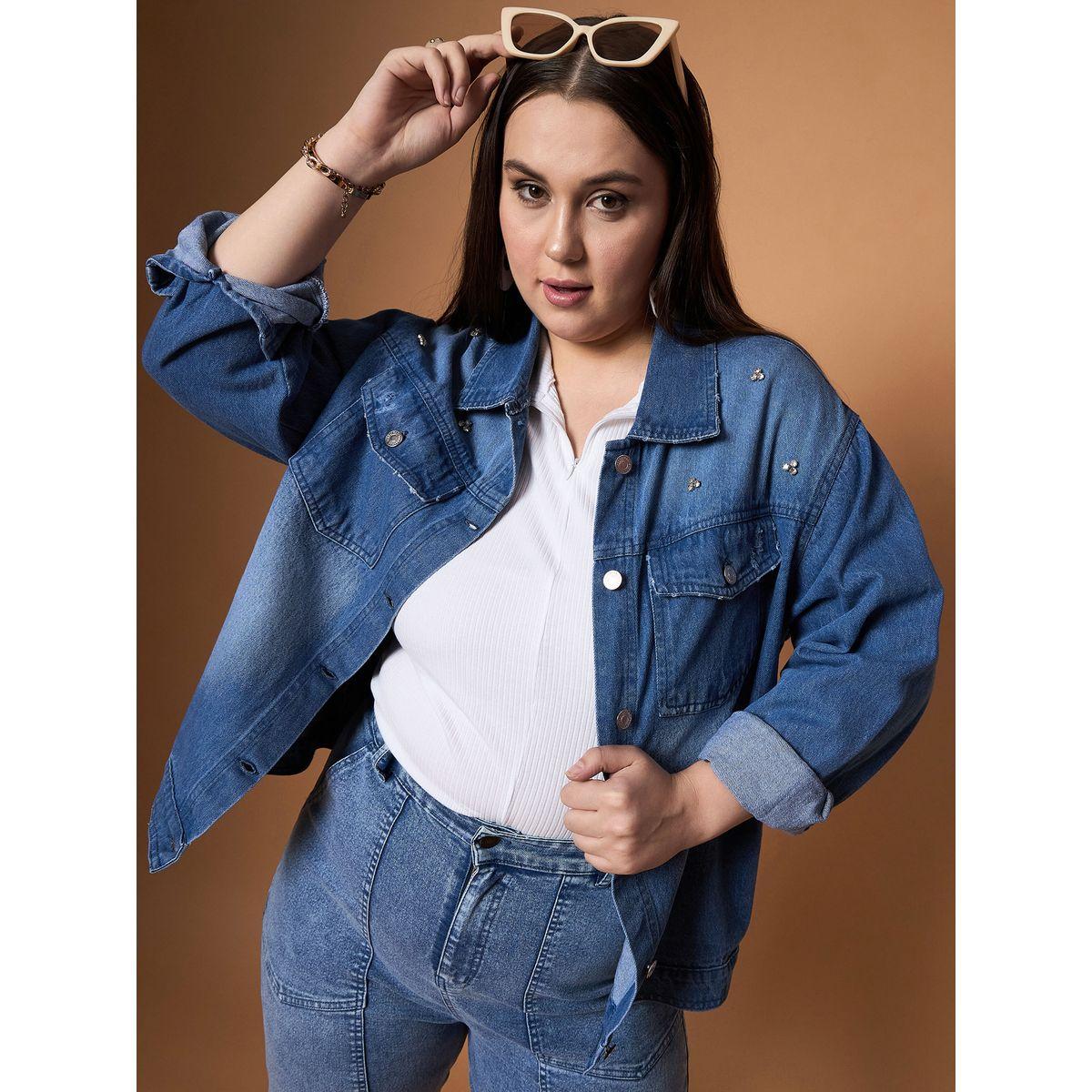 Sassafras X Styli  Plus Size Embellished Detail Washed Denim Jacket with Pocket Detail-women-winterwear-coatsandjackets-jackets-image-5