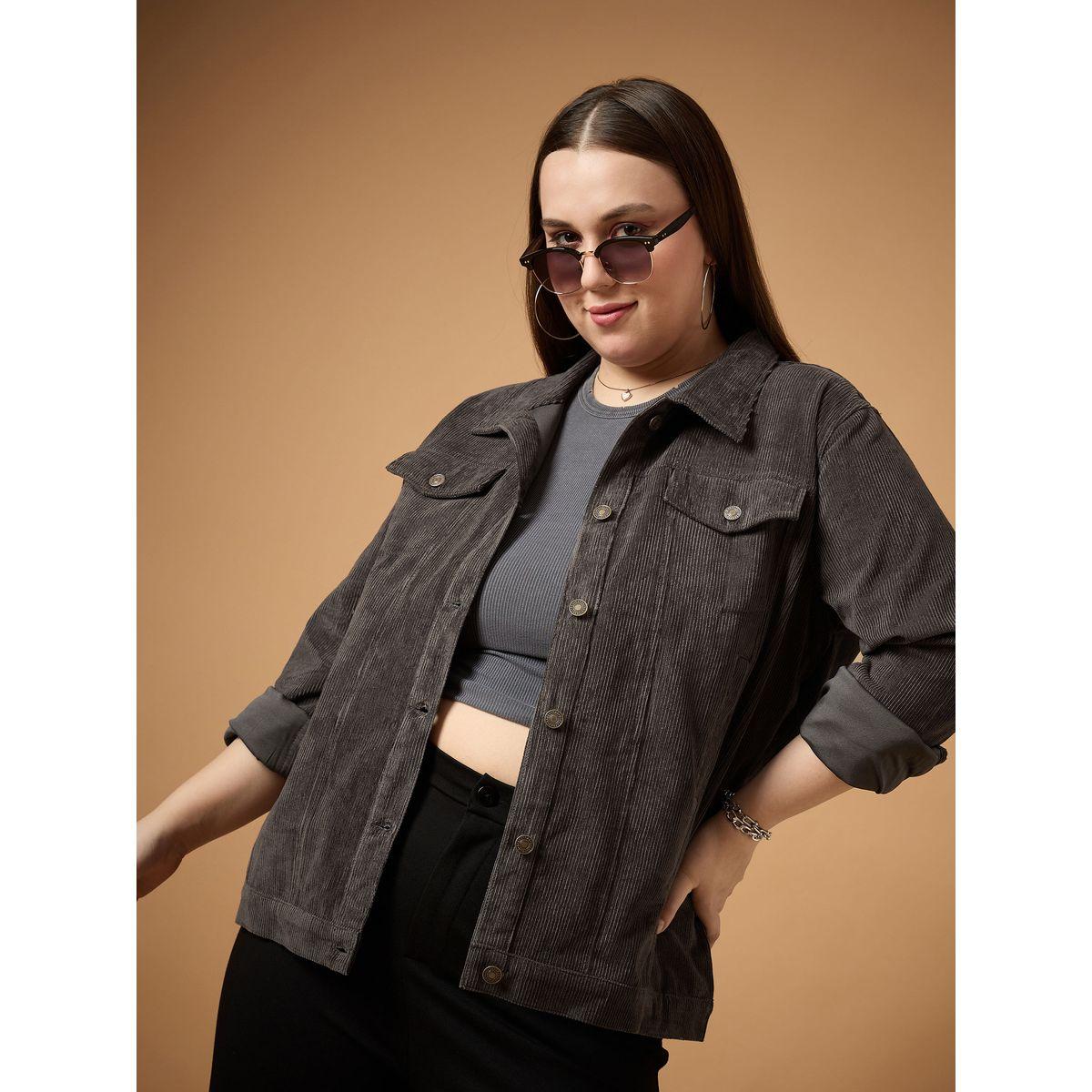 Sassafras X Styli  Plus Size Front Button Corduroy Jacket-women-winterwear-coatsandjackets-jackets-image-1