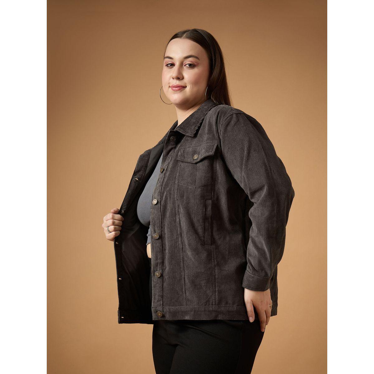 Sassafras X Styli  Plus Size Front Button Corduroy Jacket-women-winterwear-coatsandjackets-jackets-image-3