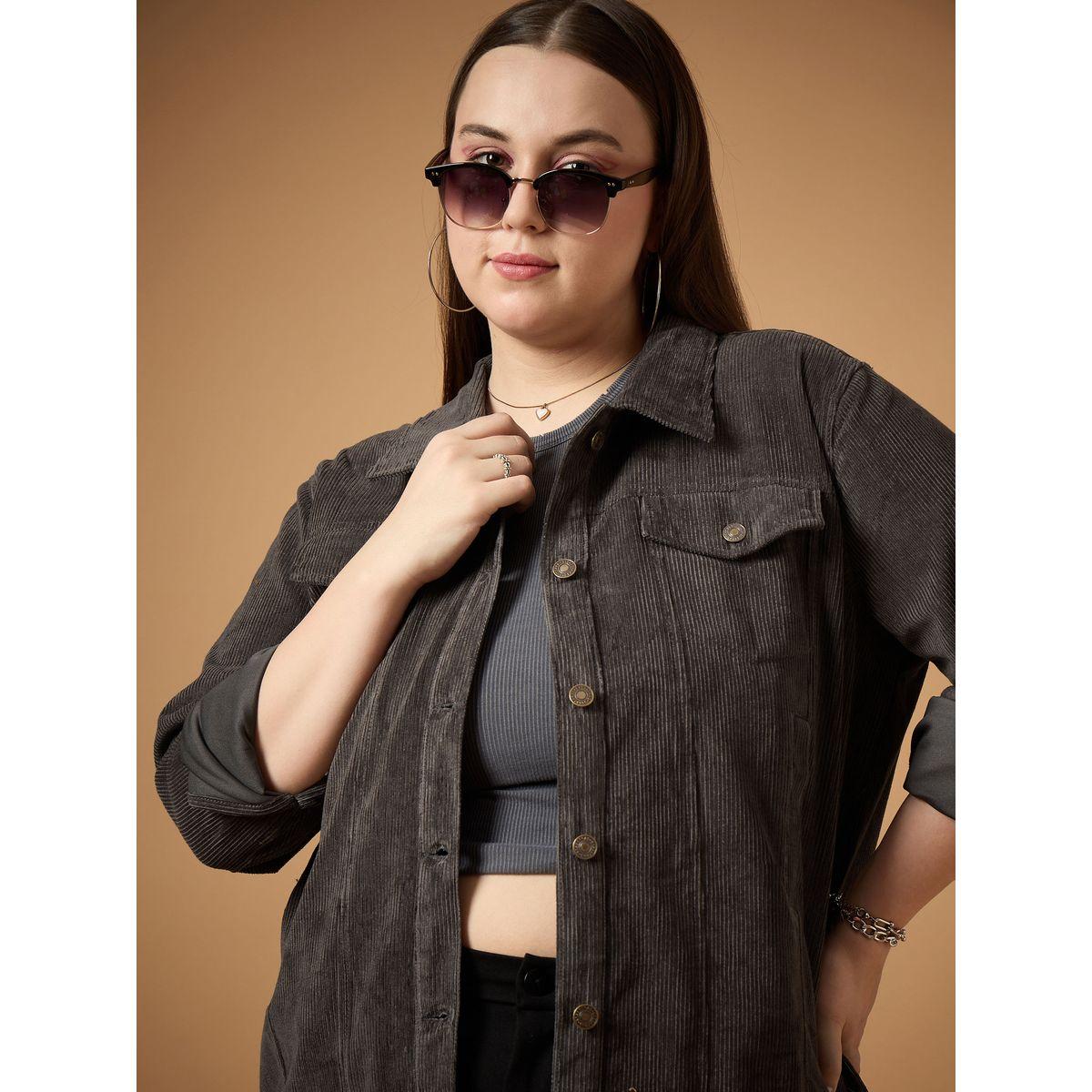 Sassafras X Styli  Plus Size Front Button Corduroy Jacket-women-winterwear-coatsandjackets-jackets-image-4