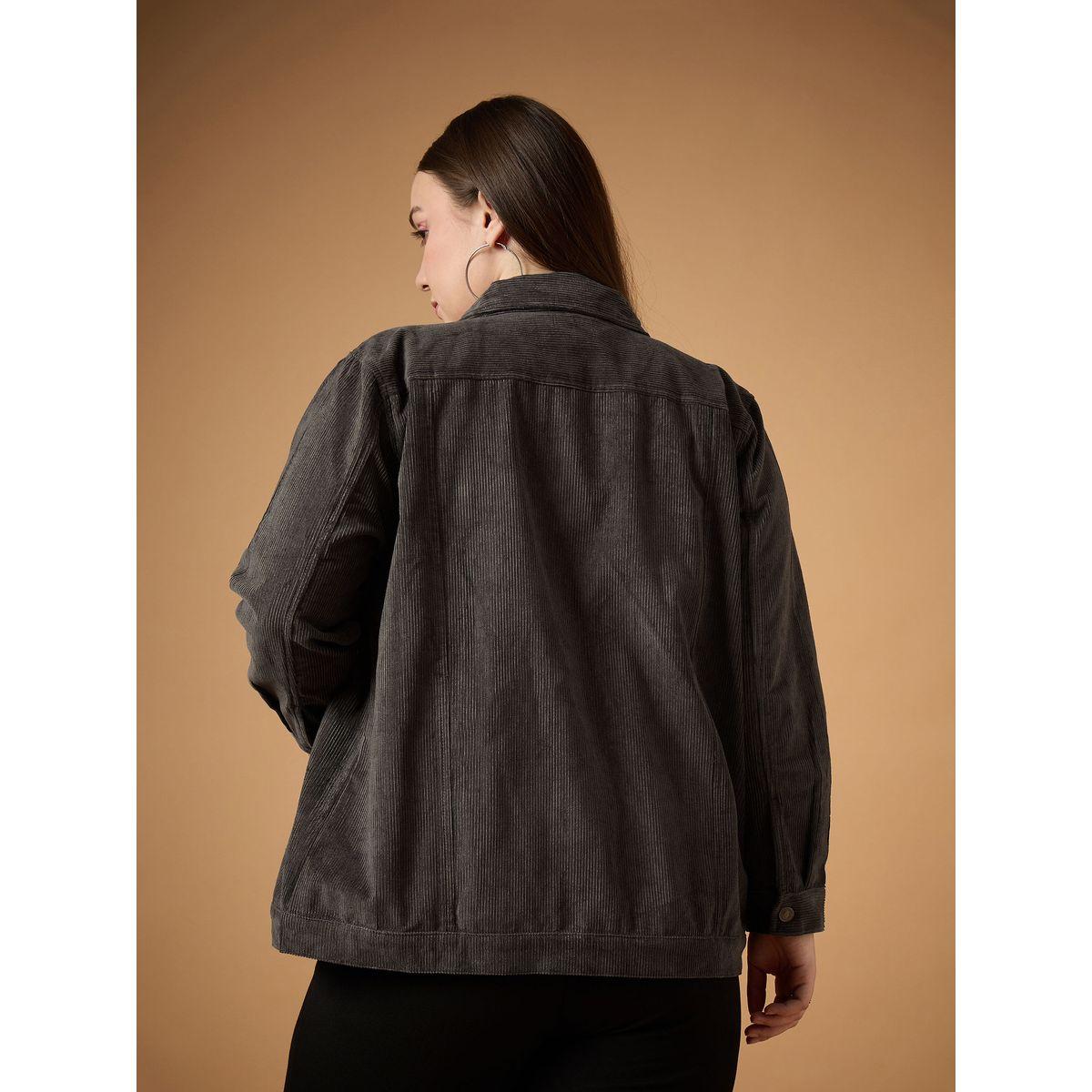 Sassafras X Styli  Plus Size Front Button Corduroy Jacket-women-winterwear-coatsandjackets-jackets-image-5