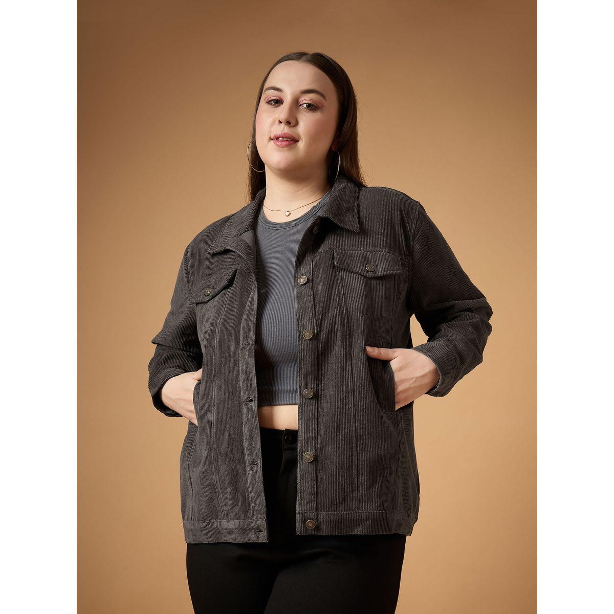Sassafras X Styli  Plus Size Front Button Corduroy Jacket-women-winterwear-coatsandjackets-jackets-image-6