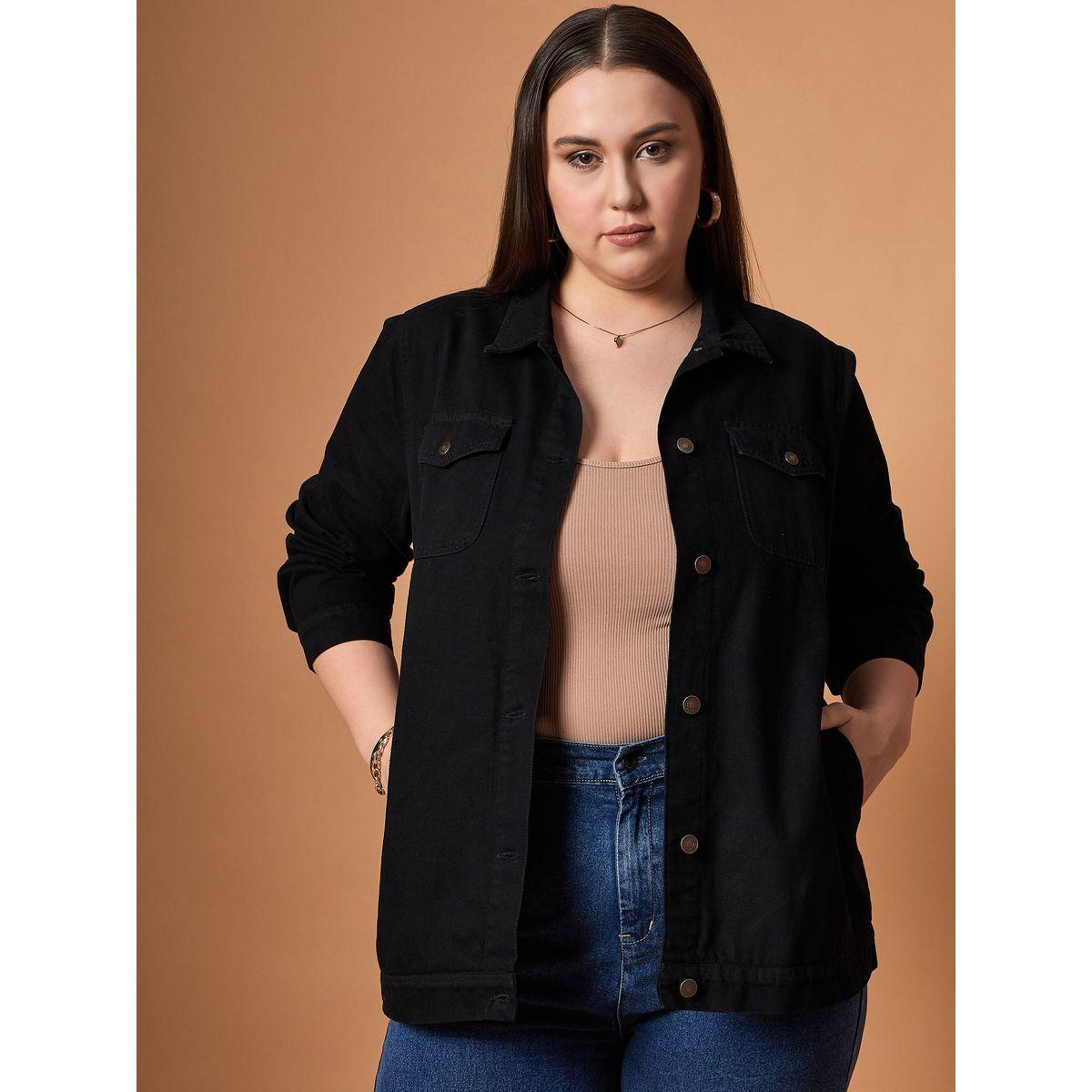 Sassafras X Styli  Plus Size Plain Denim Shacket with Pocket Detail-women-winterwear-coatsandjackets-jackets-image-1