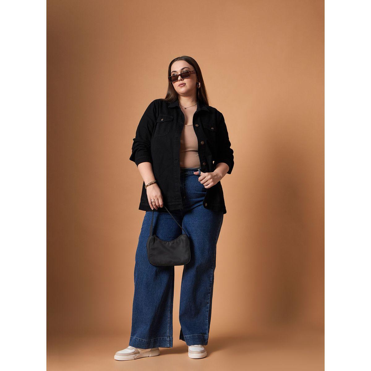 Sassafras X Styli  Plus Size Plain Denim Shacket with Pocket Detail-women-winterwear-coatsandjackets-jackets-image-2