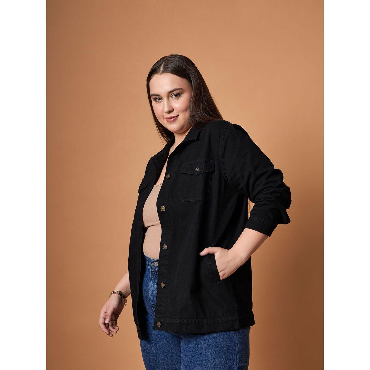 Sassafras X Styli  Plus Size Plain Denim Shacket with Pocket Detail-women-winterwear-coatsandjackets-jackets-image-3