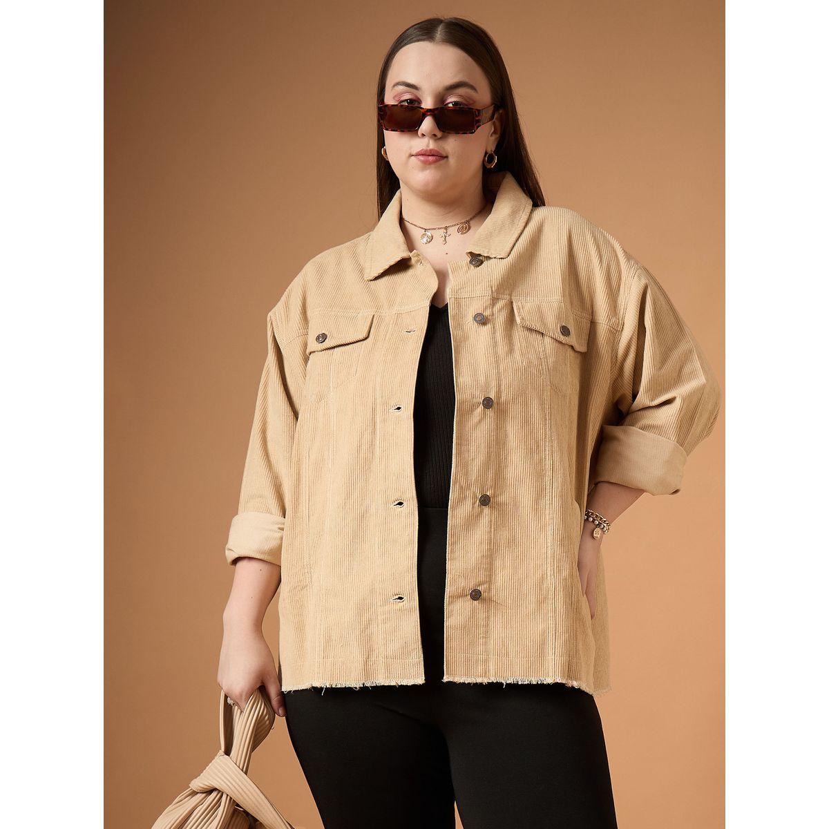 Sassafras X Styli  Plus Size Corduroy Front Button Shacket with Pocket Detail-women-winterwear-coatsandjackets-jackets-image-1