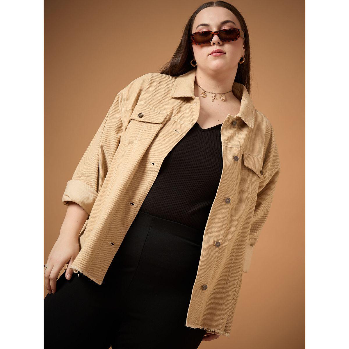 Sassafras X Styli  Plus Size Corduroy Front Button Shacket with Pocket Detail-women-winterwear-coatsandjackets-jackets-image-2