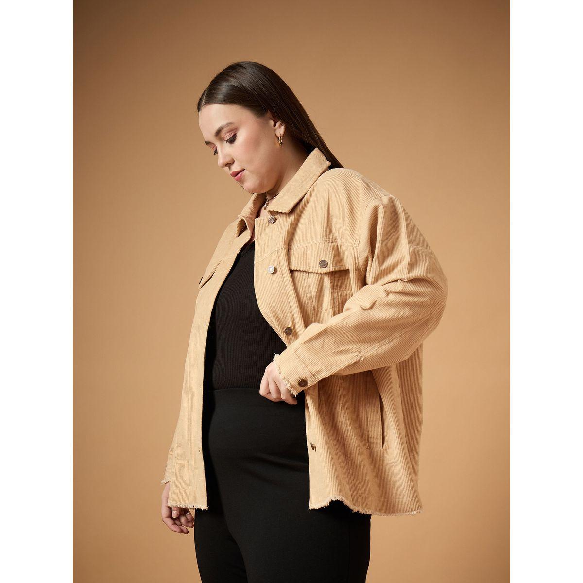 Sassafras X Styli  Plus Size Corduroy Front Button Shacket with Pocket Detail-women-winterwear-coatsandjackets-jackets-image-3
